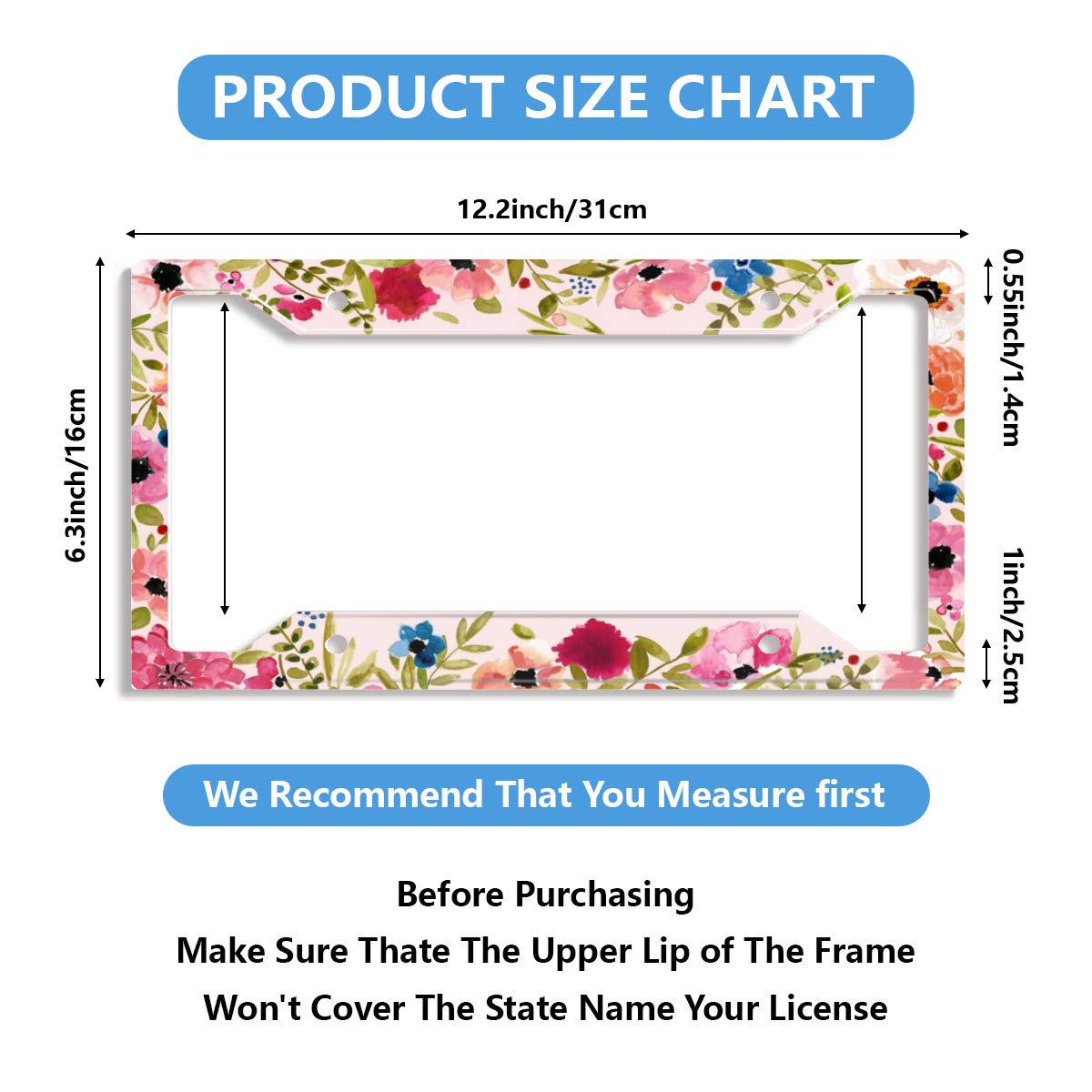 Personalized License Plate Frame Stainless Steels Artistic Flower Pink License Plate Car Tag Holder With 4 Holes And Screws For