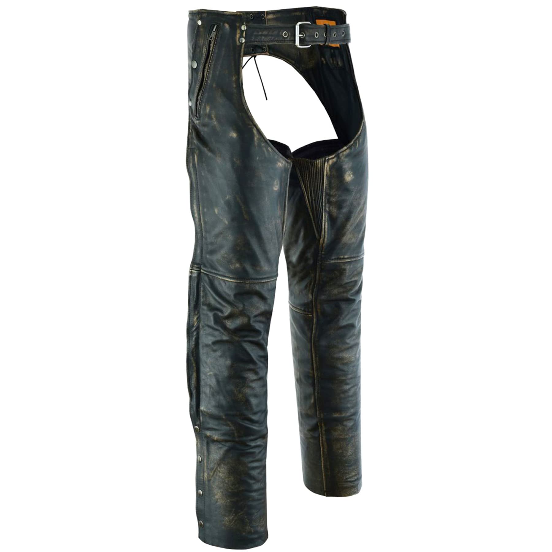 Dream Apparel Mens Distressed Brown Leather Motorcycle Riding Chaps With Zip Out Liner, Cowboy Biker Chaps Pants W/ 4 Pockets