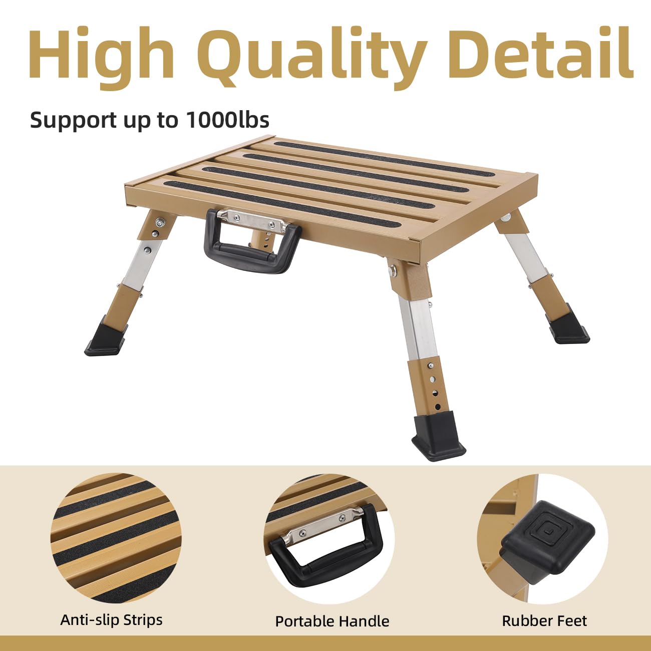 GarfatolRv RV Steps Aluminum Adjustable Stable Step with Portable Handle Supports Up to 1000 lb(Gold)