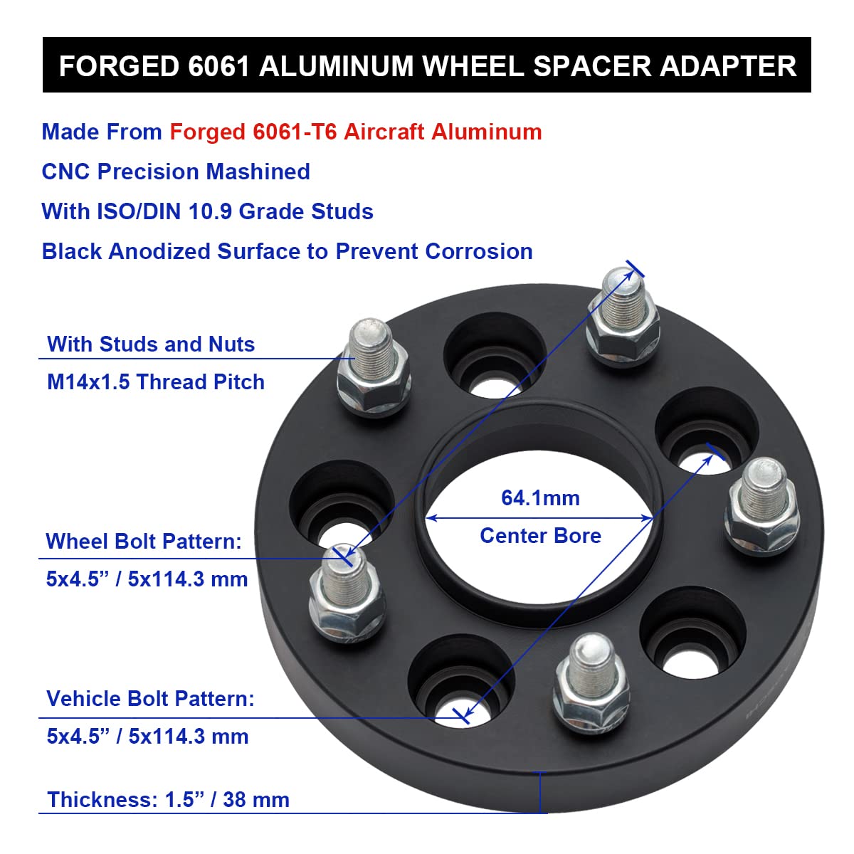 VLAOSCHI Black Forged 5x4.5 Hubcentric Wheel Spacers 1.5 Inch with 14x1.5 Studs 64.1mm Hub Bore Compatible with Tesla for 2017-2