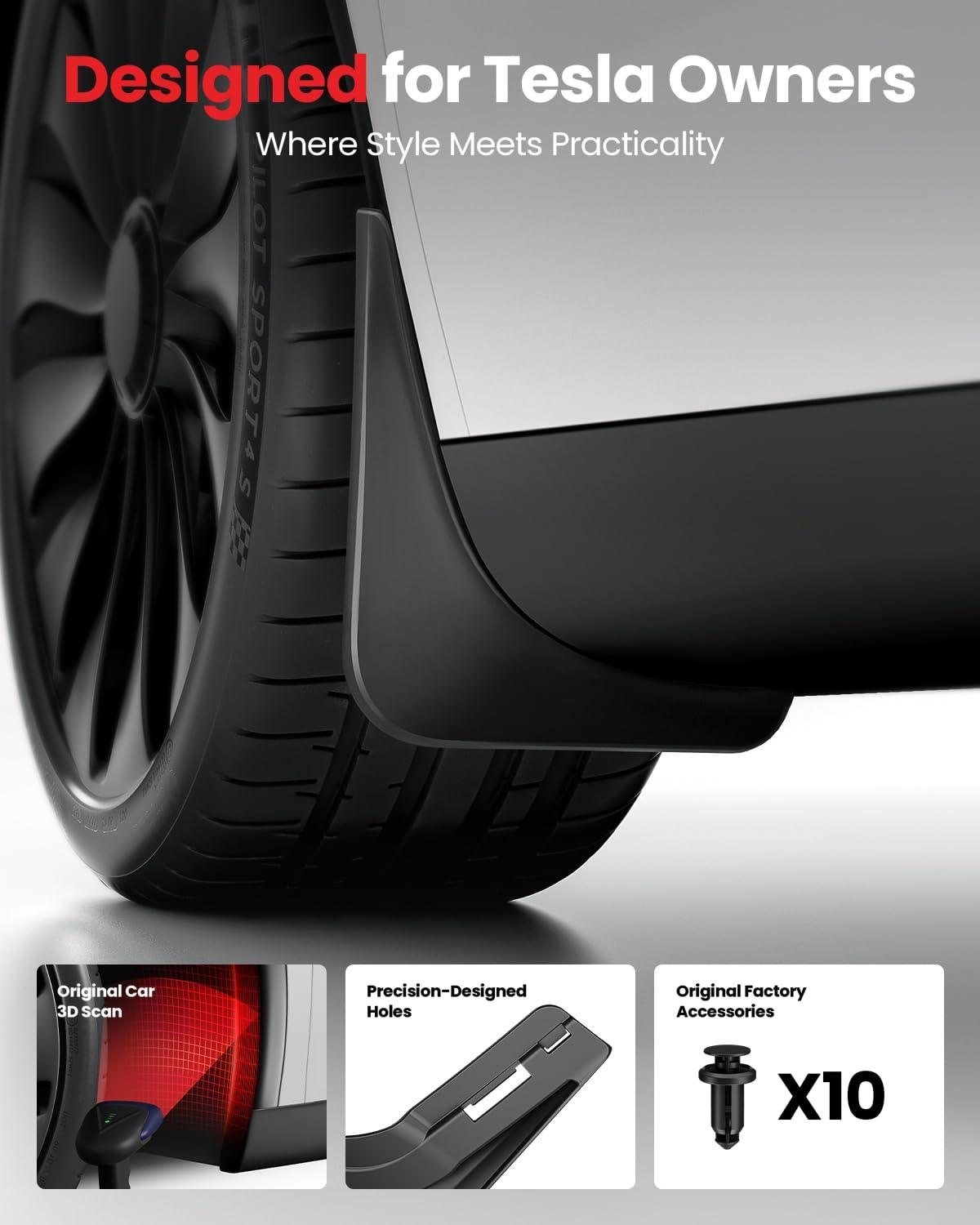 Reevaa 2025 Tesla Model Y Accessories - Mud Flaps [No Drilling Required] All-Weather Mud Guard Body Kits For Model Y 2020-2025,