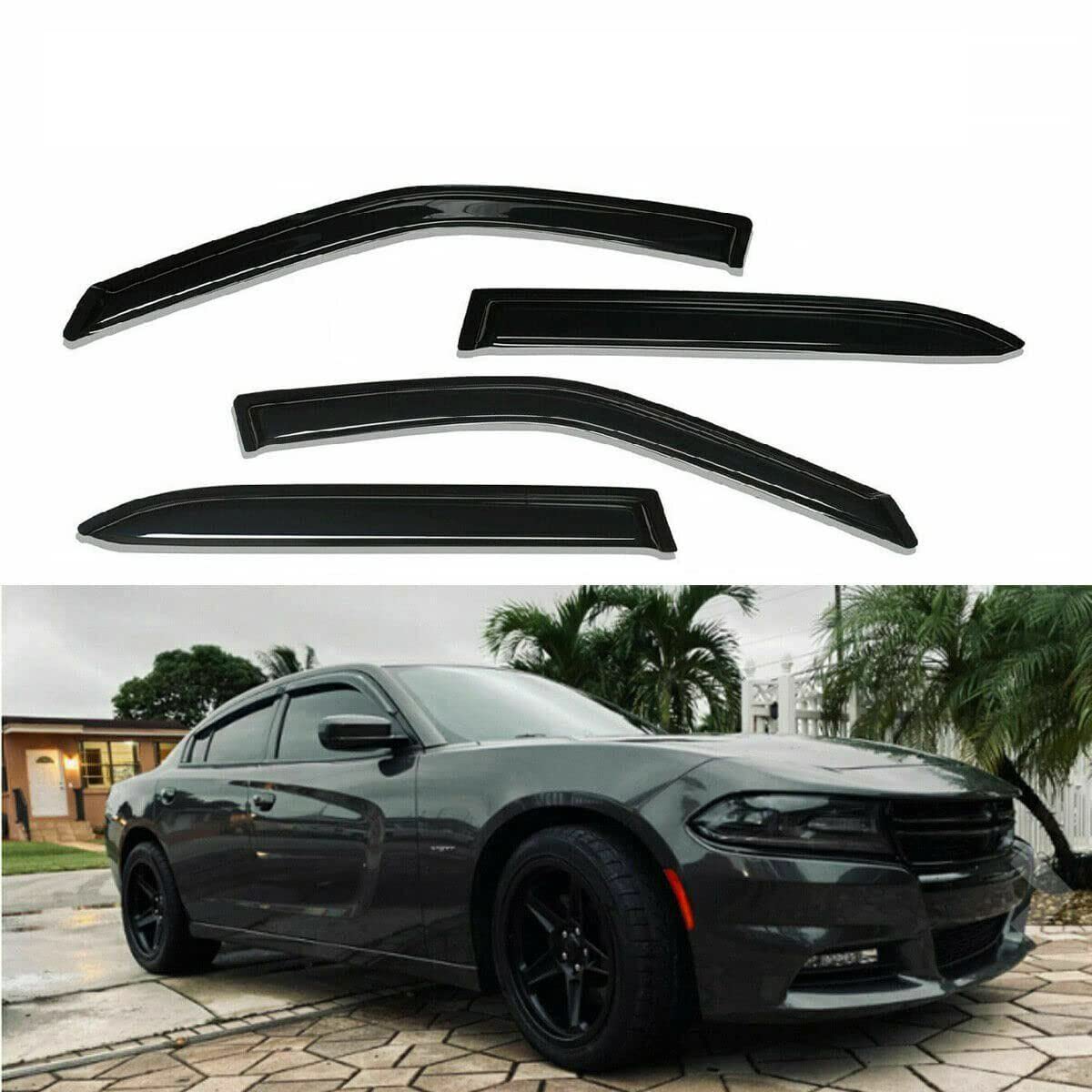 Zzdsnj Tape-On Rain Guard 4-Piece For 2011-2020 Dodge Charger Windows Visor Shield Shade Smoke 94313