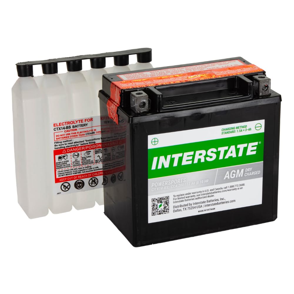 Interstate Batteries Ytx14-Bs 12V 12Ah Powersports Battery 200Cca Agm Rechargeable Replacement For Motorcycles, Atvs, Utvs, Scoo