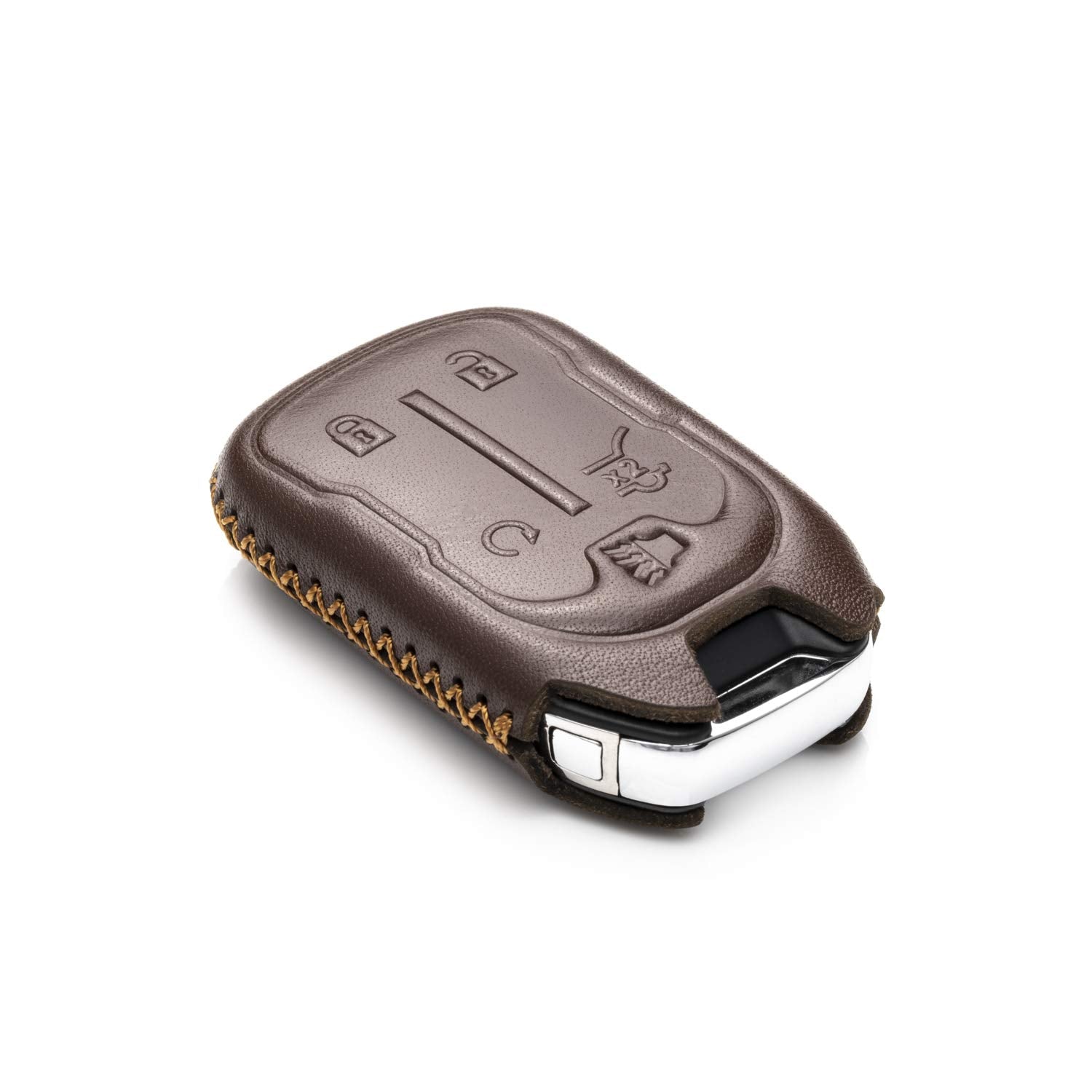 Vitodeco Genuine Leather Smart Key Fob Case with Leather Strap Compatible for GMC Acadia, GMC Terrain 2017 - 2023 (5-Button, Brown)