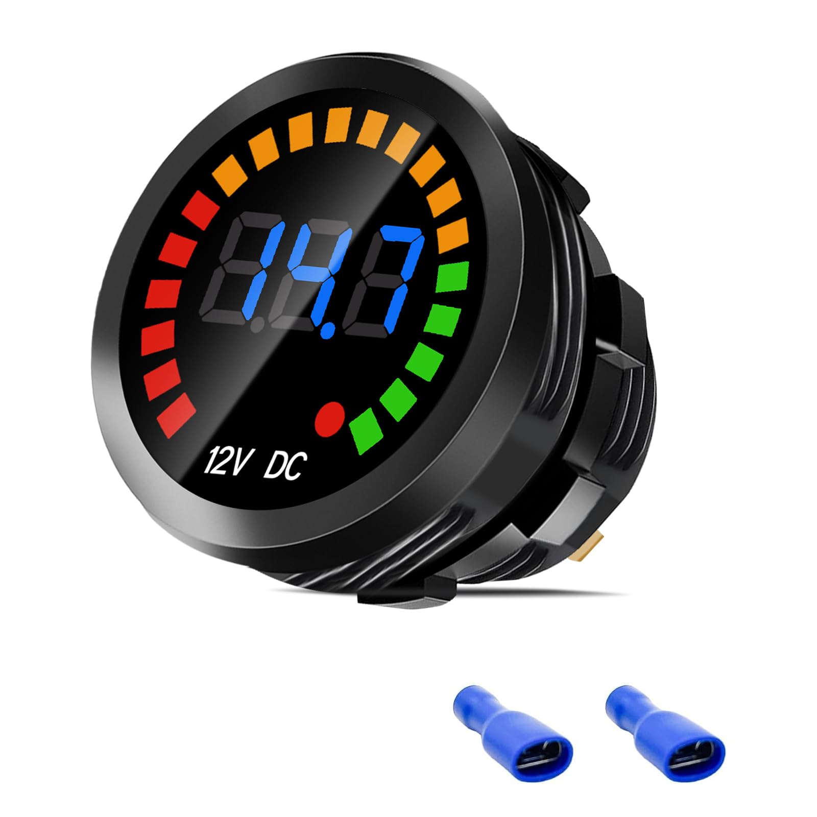 Waterproof DC 12V Voltage Meter, LED Digital Display Voltmeter Gauge Panel, Round Battery Monitor with Wires & Terminals & Srews