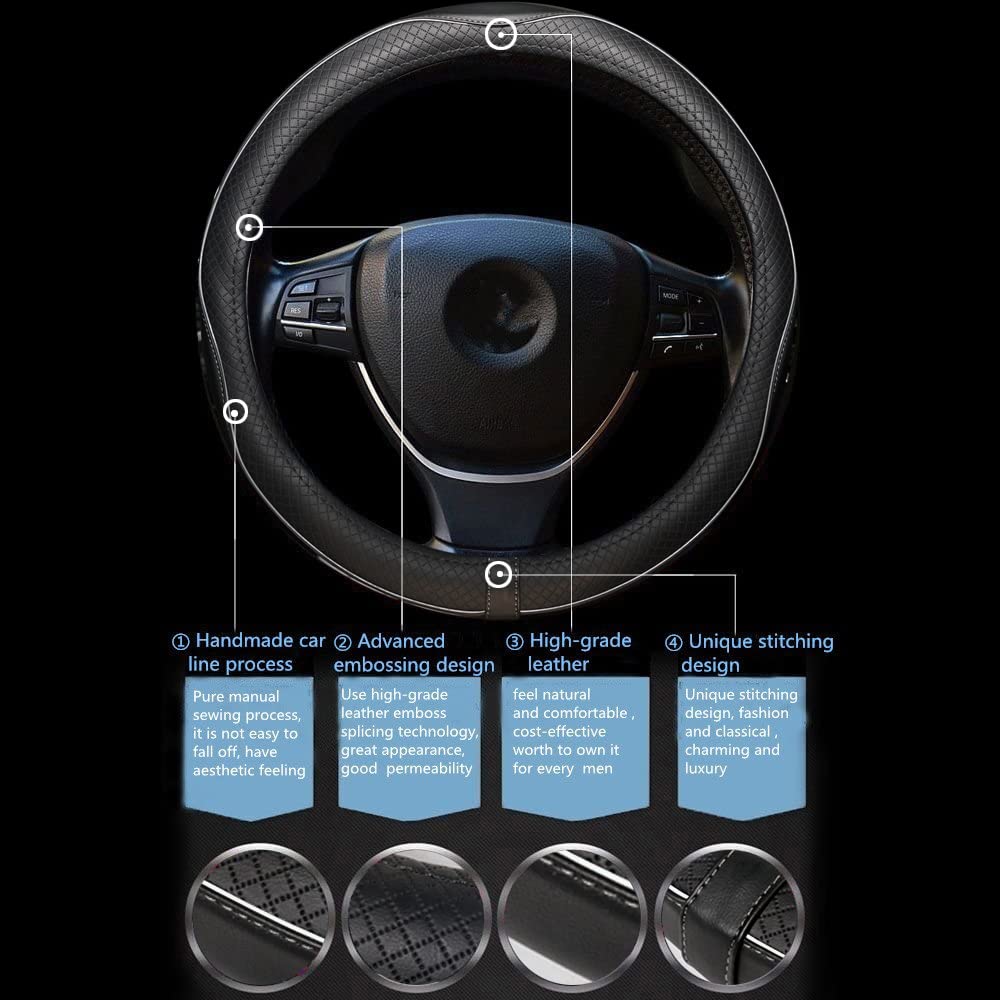 Car Steering Wheel Cover, Anti-Slip, Safety, Soft, Breathable, Heavy Duty, Thick, Full Surround, Sports Style (Black With White