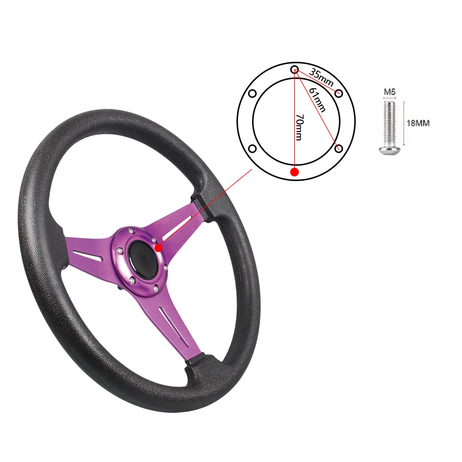 Yehicy Auto Racing Flat Steering Wheel With Purple Spokes 350Mm 13.8   6 Bolts Grip Vinyl Leather Universal Simulation Game Stee