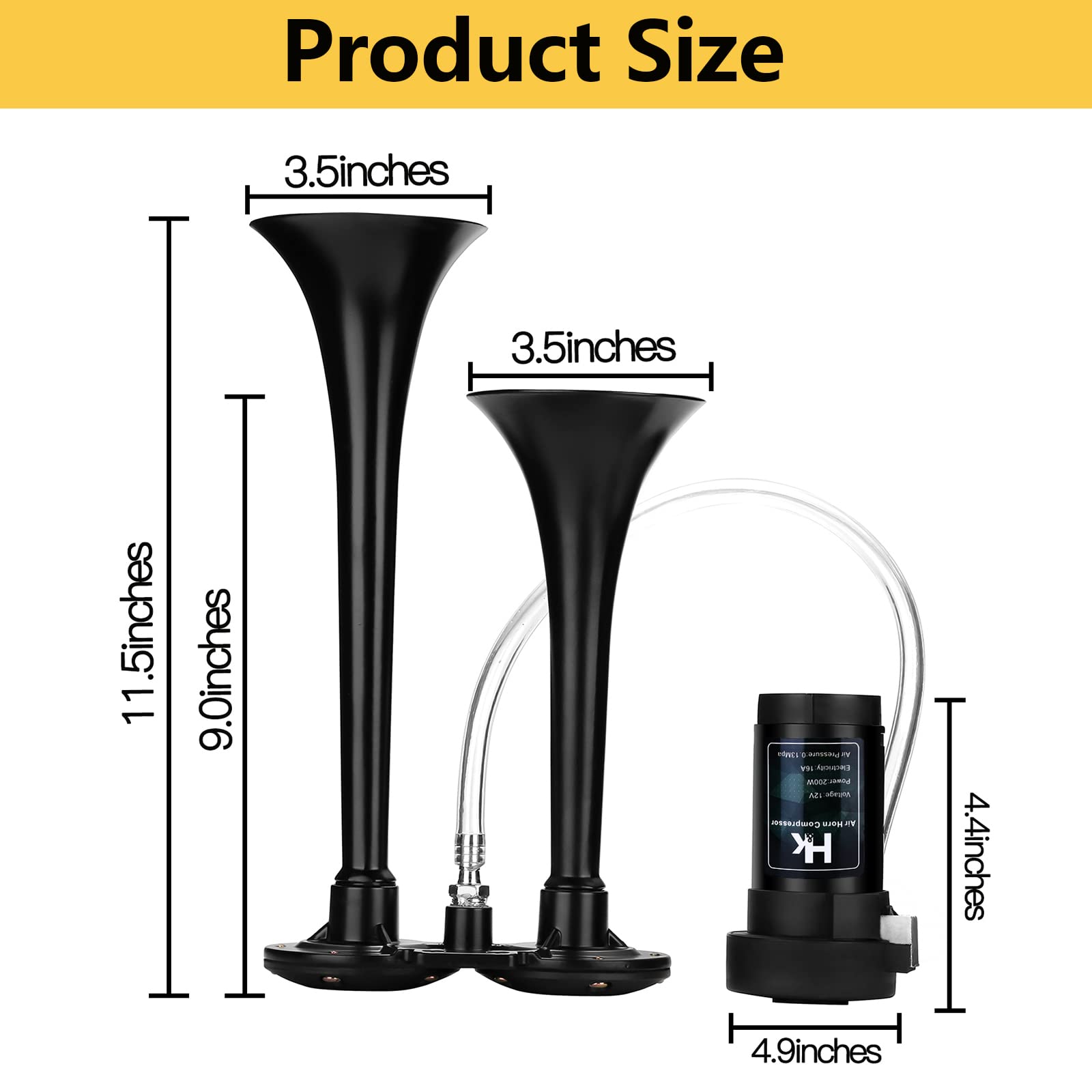 150Db Super Loud Dual Trumpet Air Horn Kit With Compressor For Vehicles, Trucks, Trains, Boats - 12V, Black