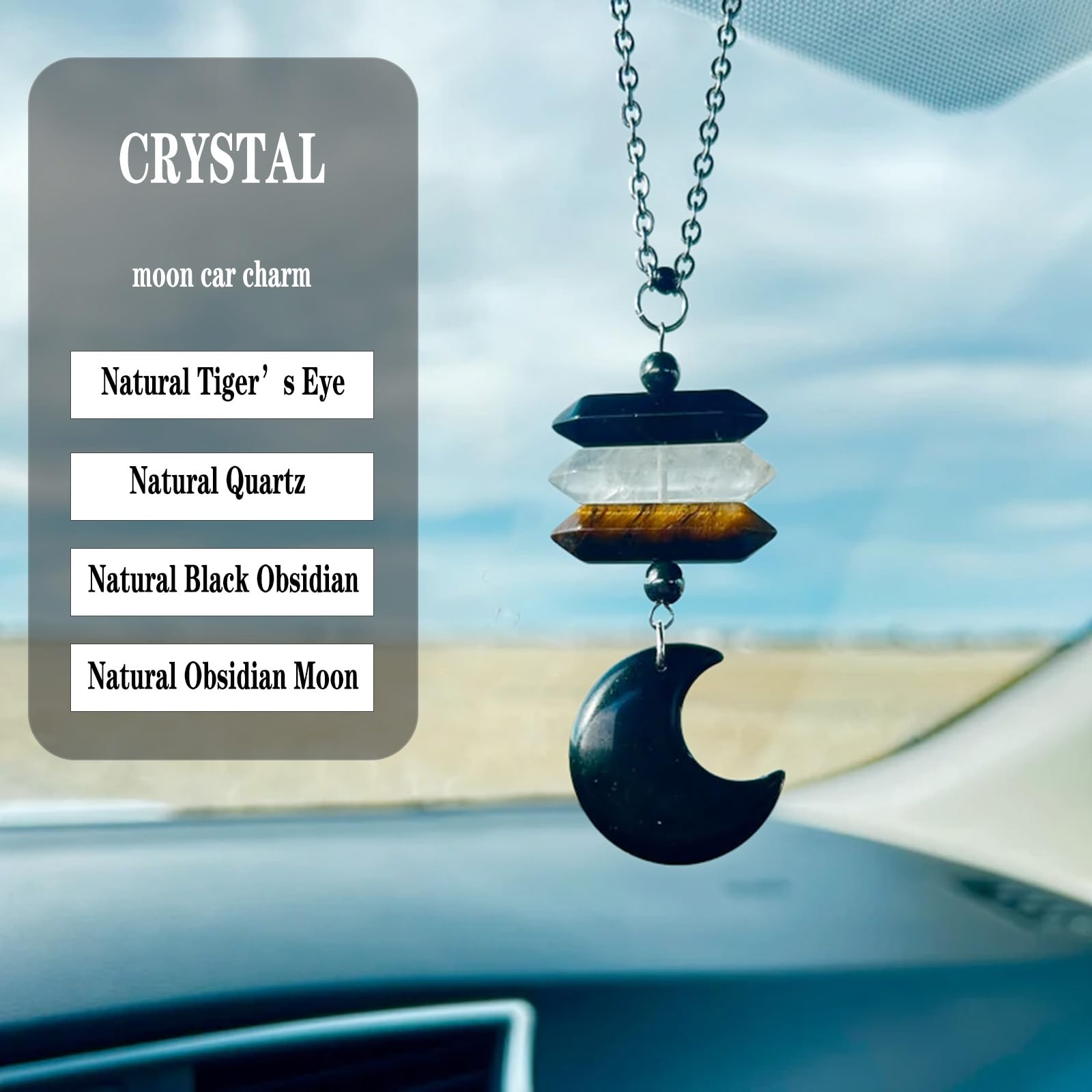 YTYAB Moon Crystal Hanging Car Charm - Boho Black Obsidian & Tiger Eye Sun Catcher for Rear View Mirror, Healing Stones Decor, One Size