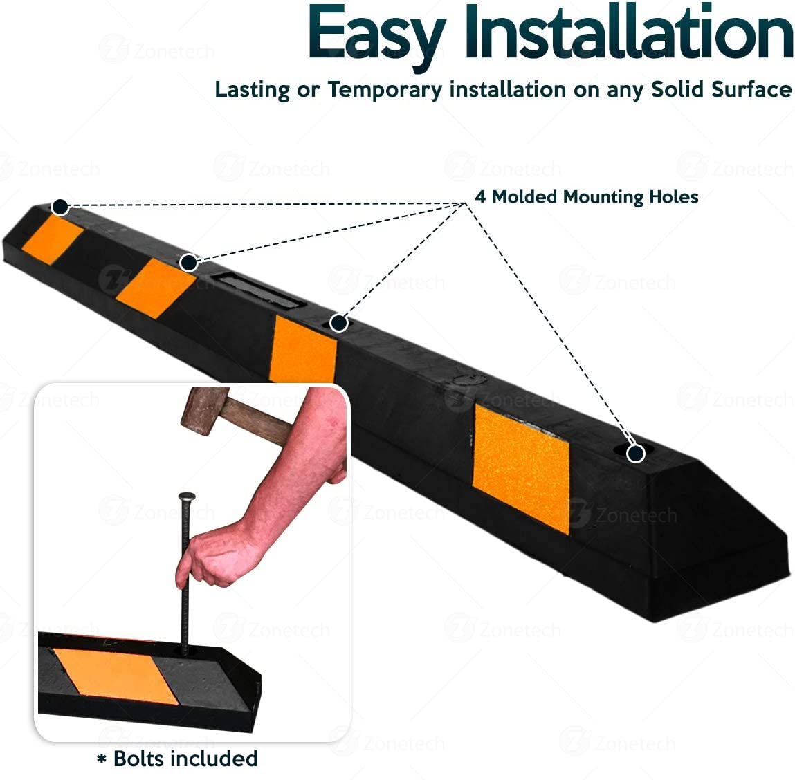 Zonetech Large Heavy Duty Rubber Parking Curb - 72    Premium Quality Auto Garage Wheel Stopper Professional Grade W/Yellow Refl