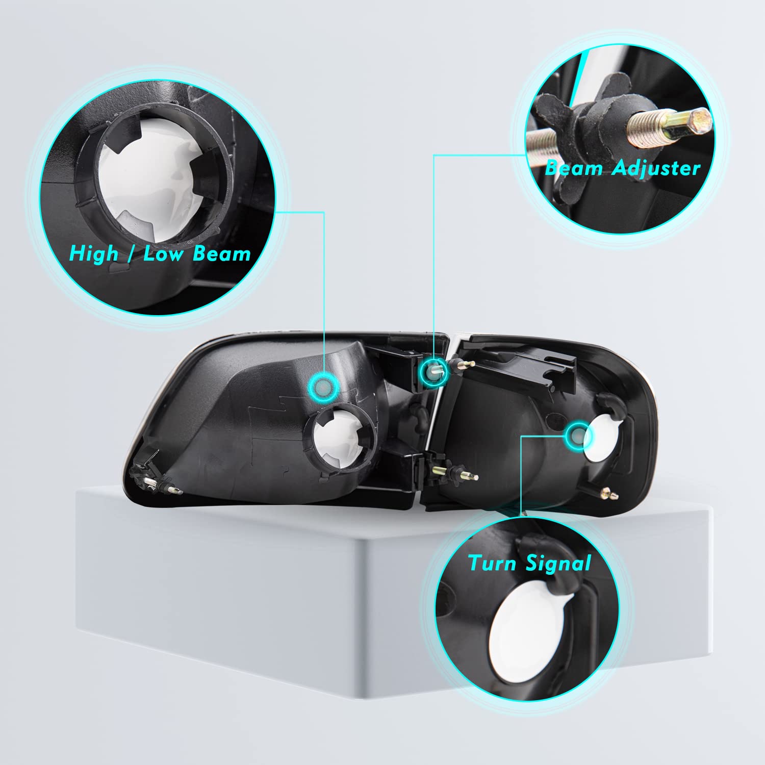 Tusdar Headlight Assembly Compatible With 97-03 Ford F150 / 04 Ford Heritage / 97-02 Ford Expedition / 97-99 Ford F250 W/Corner Lights 4Pcs, Black Housing With Clear Reflector