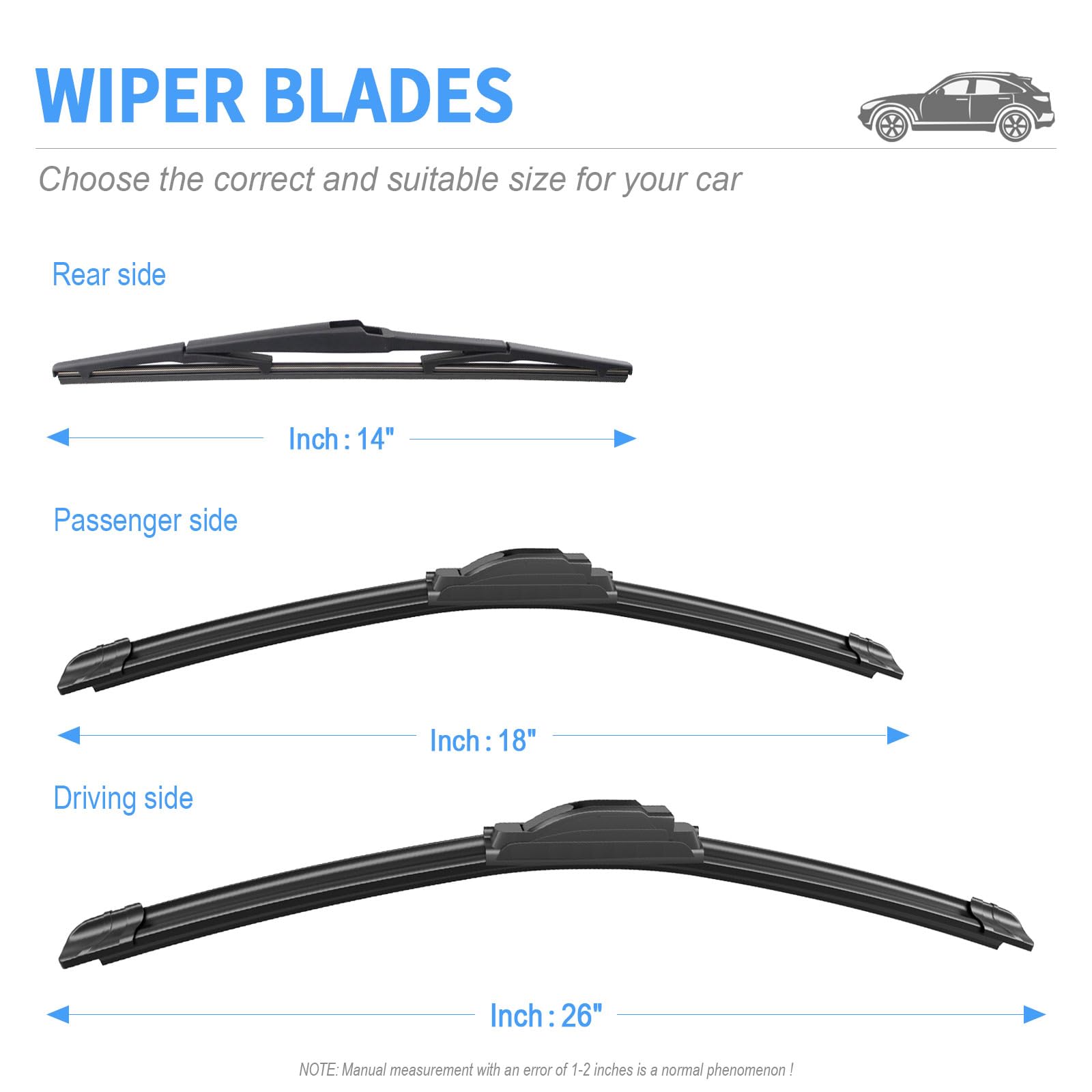 Gavimnal 26''+18''+14'' Silicone Wiper Blades Replacement For Jeep Cherokee 2014-2023,All-Season Front Rear Windshield Wiper Bla