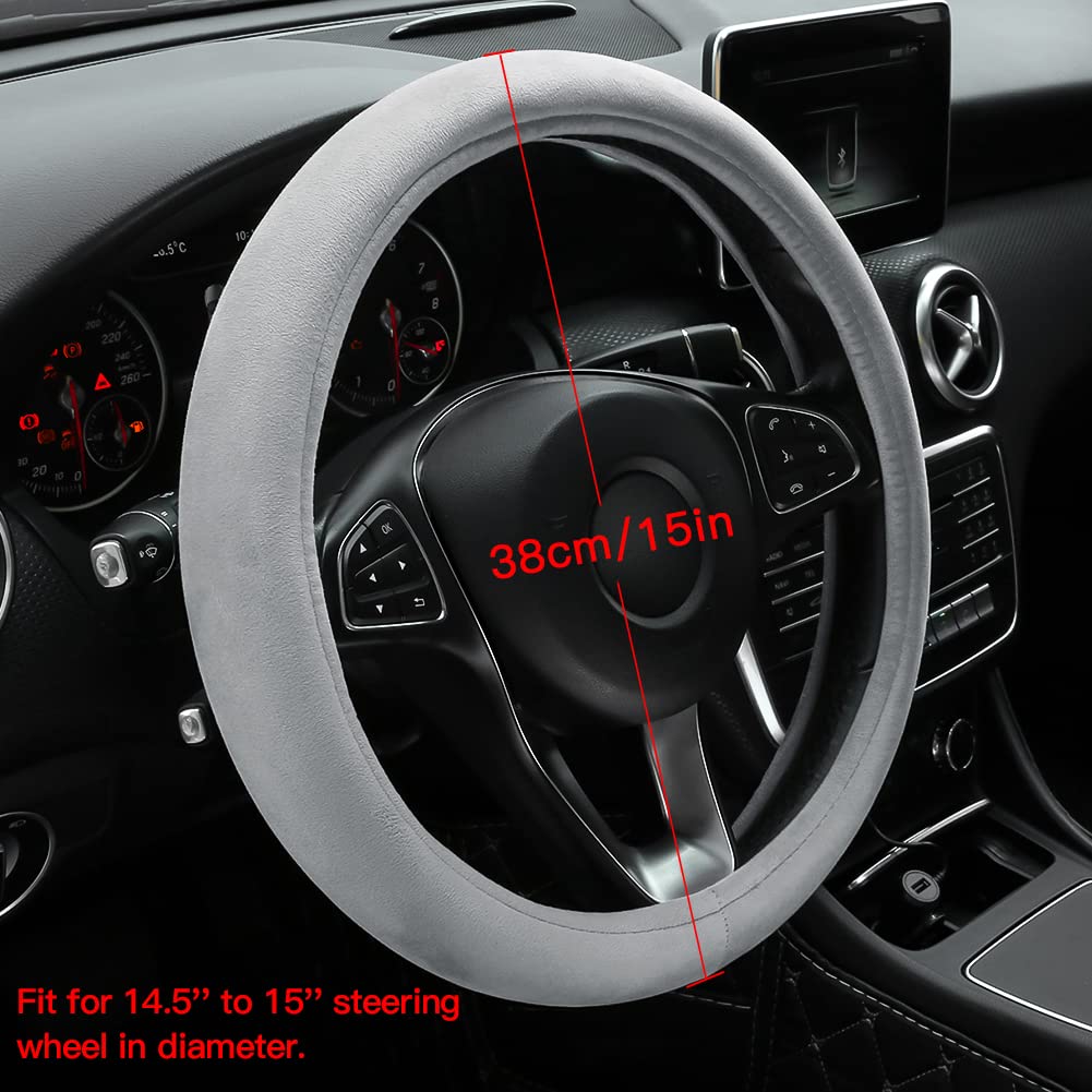 Otostar Soft Velvet Steering Wheel Cover, Universal Luxury Steering Wheel Protector Car Interior Accessories 15 Inch (Gray)