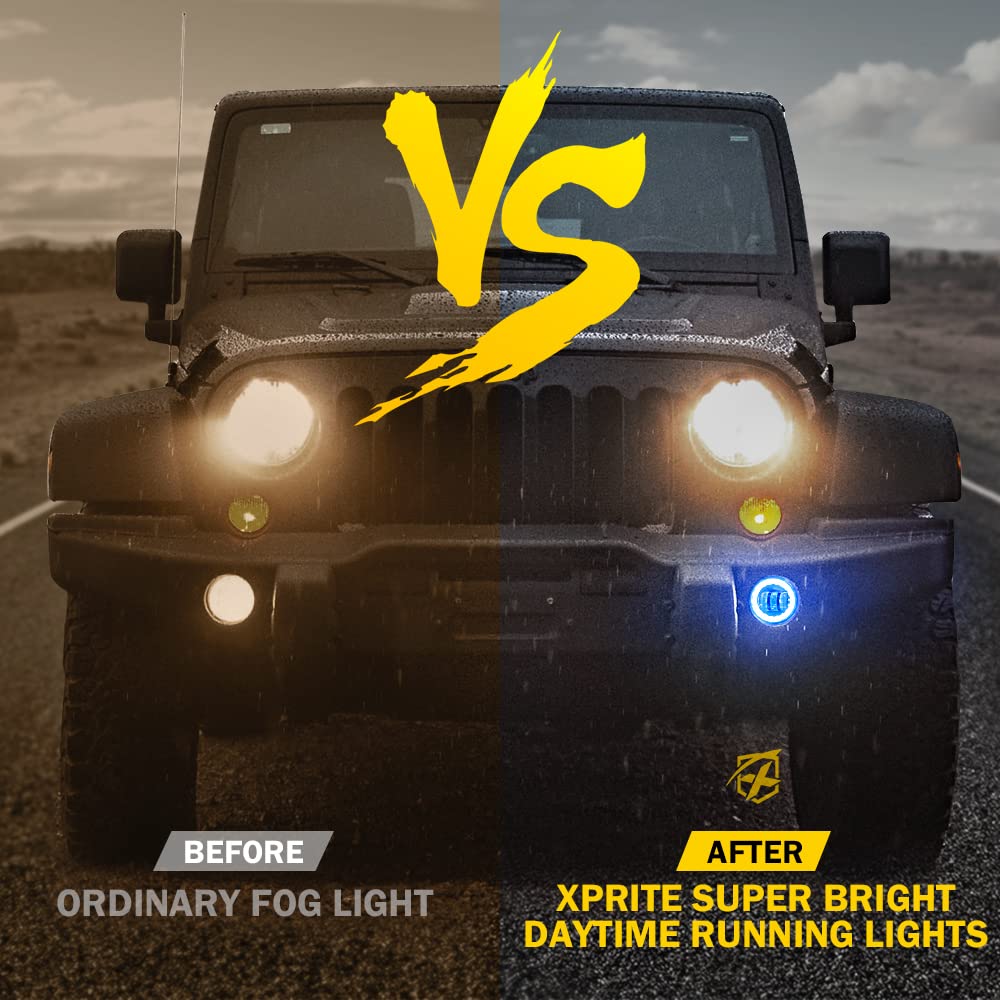 Xprite 4'' Inch Fog Lights, 60W Led Foglight With Blue Halo Ring Angle Eye Drl Compatible With 2007-2018 Jeep Wrangler Jk Off Ro