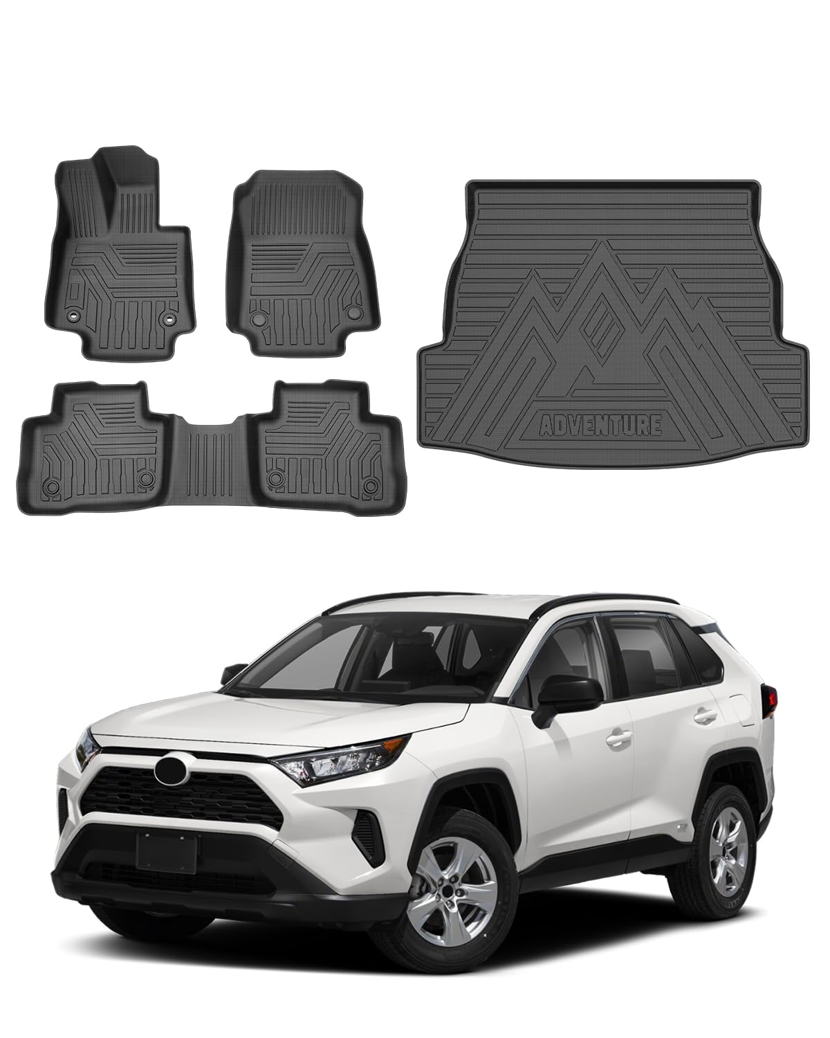 Powerty Floor Mats & Cargo Liner For 2019-2024 2025 Toyota Rav4 Accessories Floor Mats 2 Row Liner Set All Weather Tpe 3D Floor