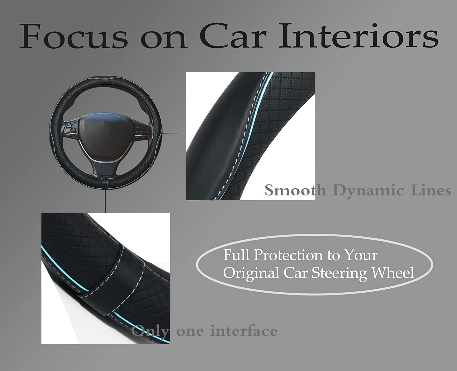 Car Steering Wheel Cover,Anti-Slip, Safety, Soft, Breathable,Heavy Duty, Thick,Full Surround,Sports Style (Black With Light Blue