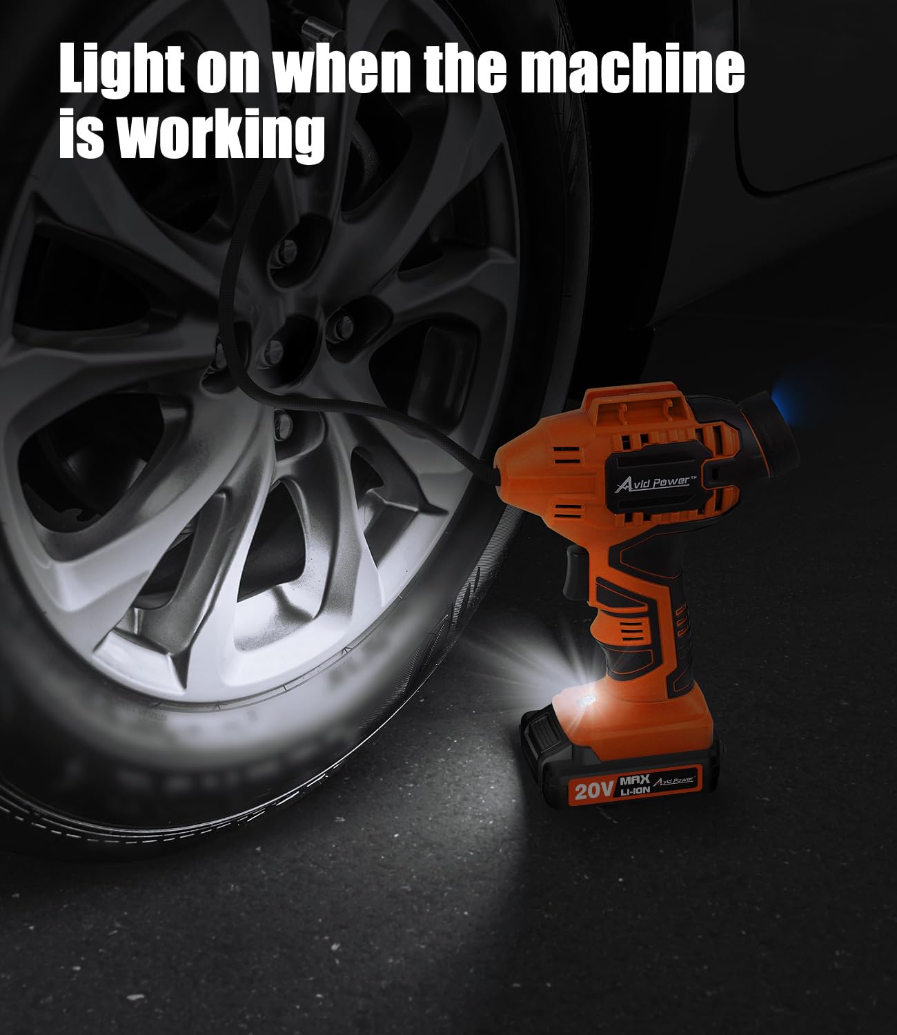 Avid Power Tire Inflator Air Compressor, 20V Cordless Car Tire Pump With Rechargeable Li-Ion Battery, 12V Car Power Adapter, Dig