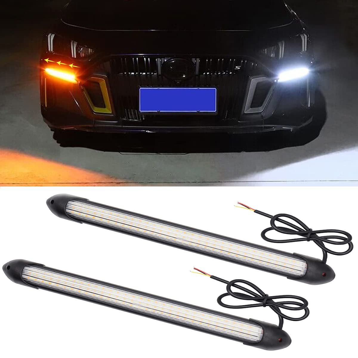 Exterior Car Led Lights, 2Pcs Flexible Daytime Running Light Strip Waterproof Auto Headlight Sequential White Turn Signal Yellow