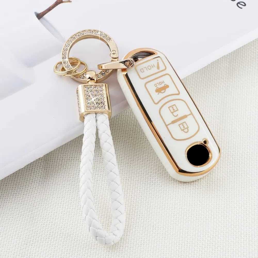 Pifoog Key Fob Cover For Mazda 3 6 Cx5 Cx9 Cx3 Mx5 Accessories Tpu Soft Car Smart Keys Shell Case 4 Button Full Covers Protector Bling Keychain Girly Women White Gold