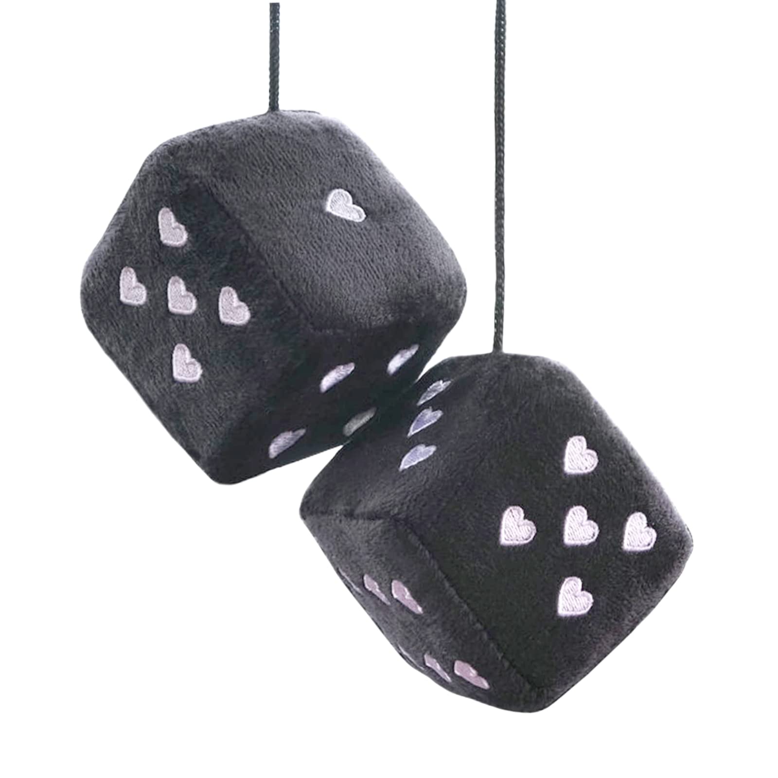 Pair 3    Black Fuzzy Plush Dice Heart Shape Decor for Car Rearview Mirror, Retro Square Decoration Dice for Car Hanging Accesso