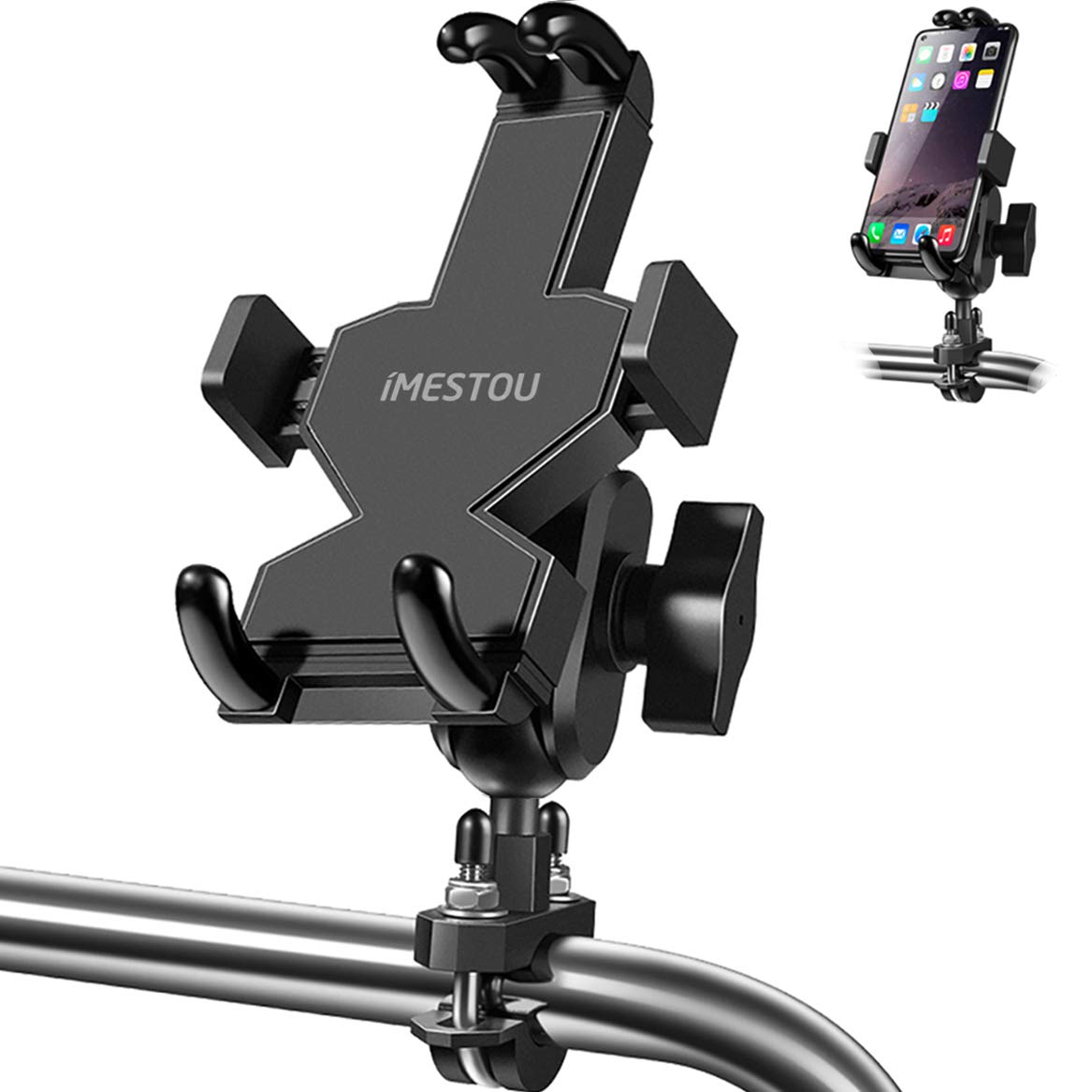 iMESTOU Aluminium Motorcycle Phone Mount U-Bolt Handlebar 1 Ball Stem Cellphone Holder 360 Rotating with Length Width Adjustable