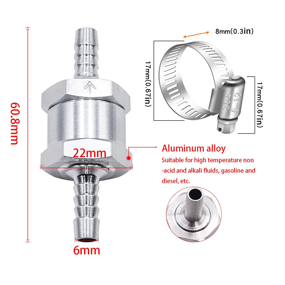 Mxuteuk 2Pcs 1/4 '' 6Mm Aluminium Silver Non Return One Way Check Valve With 4Pcs 6-12Mm Universal Adjustable Hose Clamps For Fu