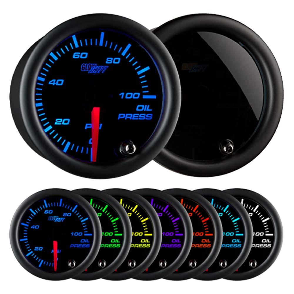 GlowShift Tinted 7 Color 100 PSI Oil Pressure Gauge Kit - Includes Electronic Sensor - Black Dial - Smoked Lens - for Car & Truc