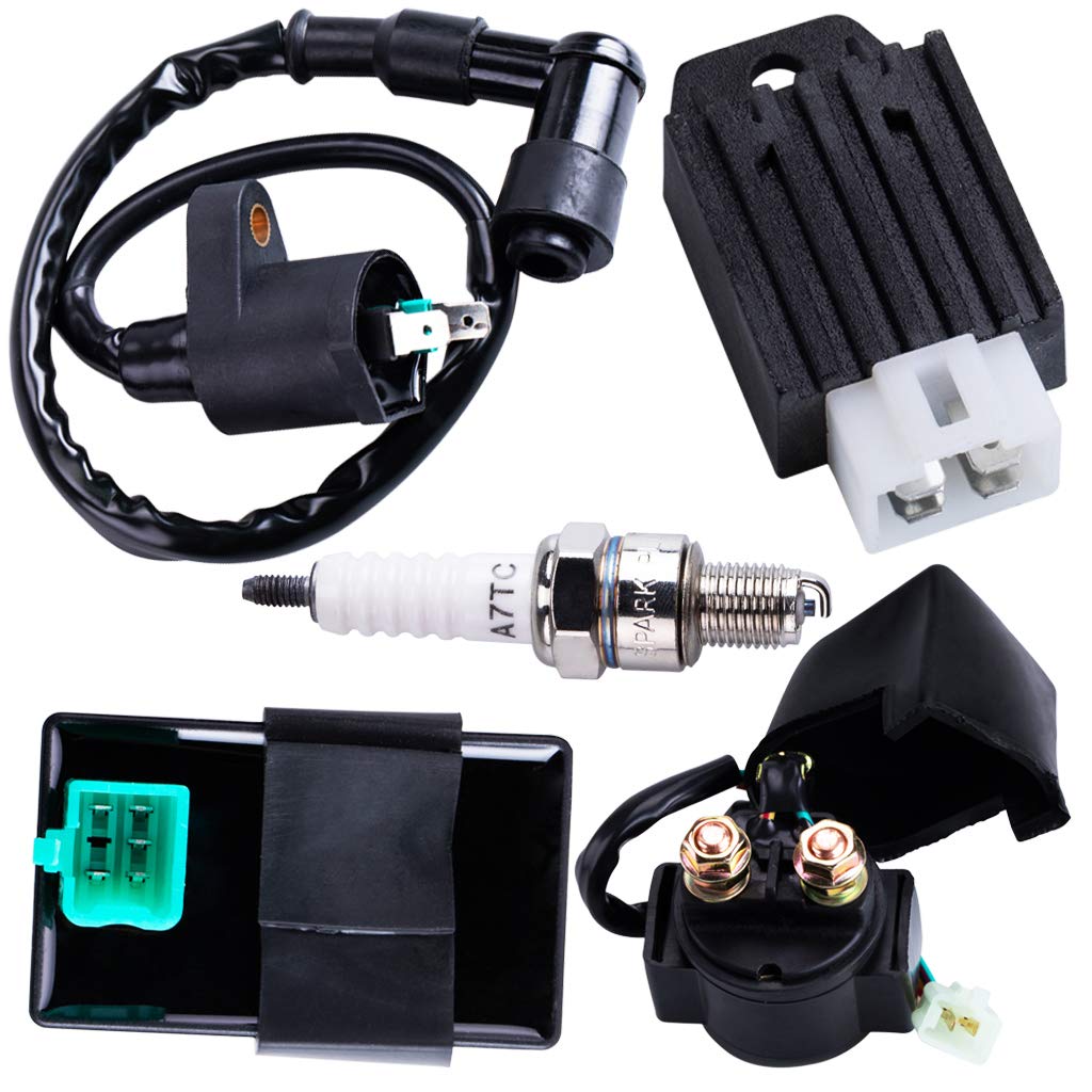 CNCMOTOK CDI Box Ignition Coil Solenoid Relay Voltage Regulator with Spark Plug Set of Five(5) for 50cc 70cc 90cc 110cc 125cc AT