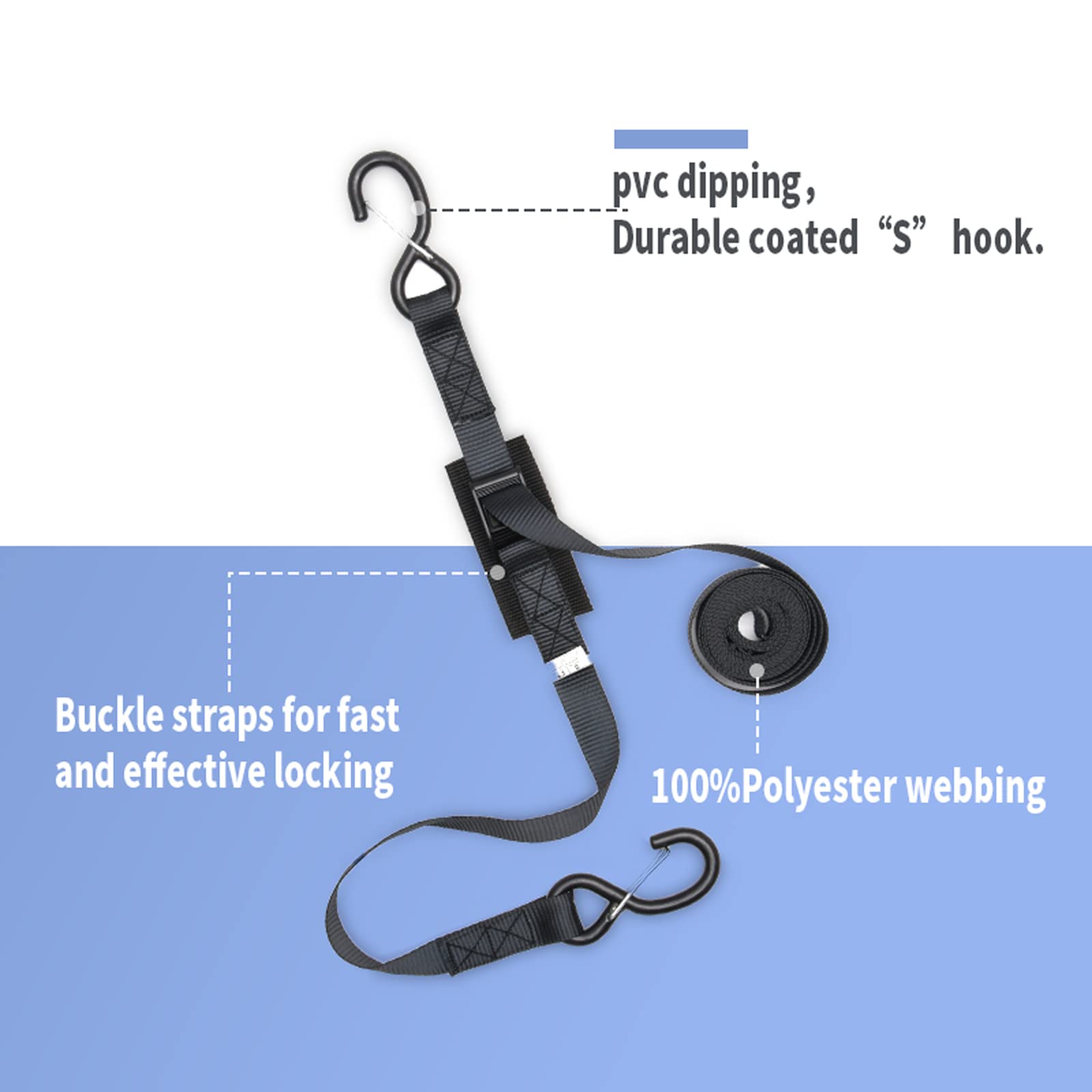 Cam Buckle Tie Down Straps with Hooks and Integrated Soft Loops, Heavy Dudy Lashing Straps for Motorcycle, Boat, Kayak, Truck, T