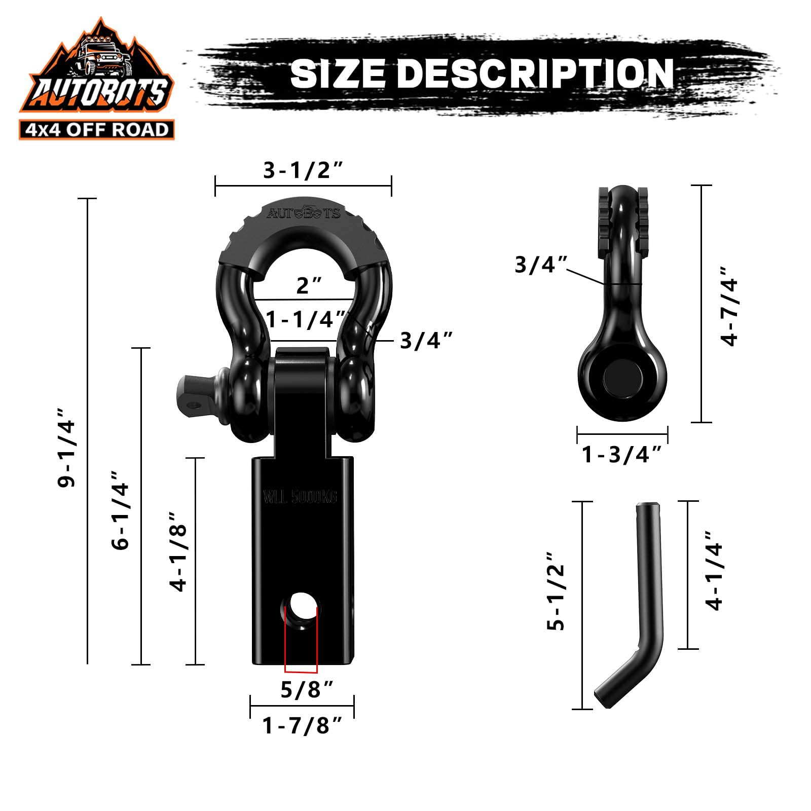 AUTOBOTS Tow Hitch Receiver 2'', 45,000 Lbs Break Strength Shackle Hitch Receiver with 5/8'' Hitch Pin, 3/4 D Ring Shackle, Towi