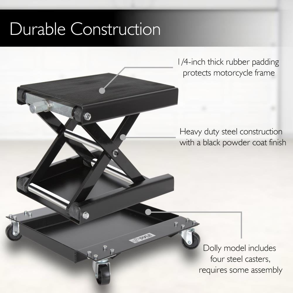 Pyle Motorcycle Scissor Jack Lift W/ Dolly - Portable Ez Bike Rack, Front Rear Center Tire Wheel Engine Stand W/ Wheels-Low Prof