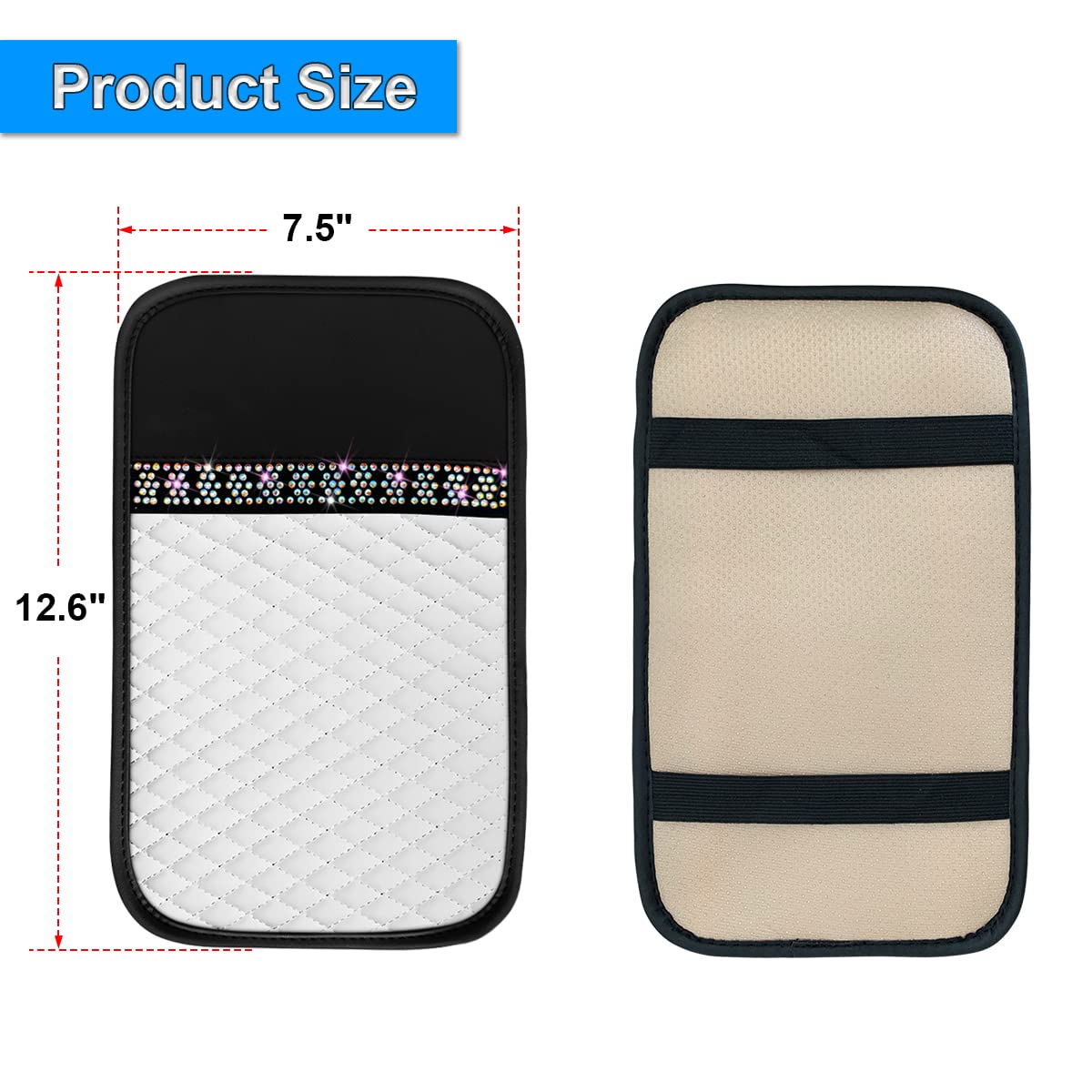 Bling Leather Car Center Console Cover, Car Center Console Protector With Glossy Crystal Rhinestone, Universal Waterproof Car Armrest Seat Box Cover For Most Car, Vehicles, Suvs, Trucks (White)