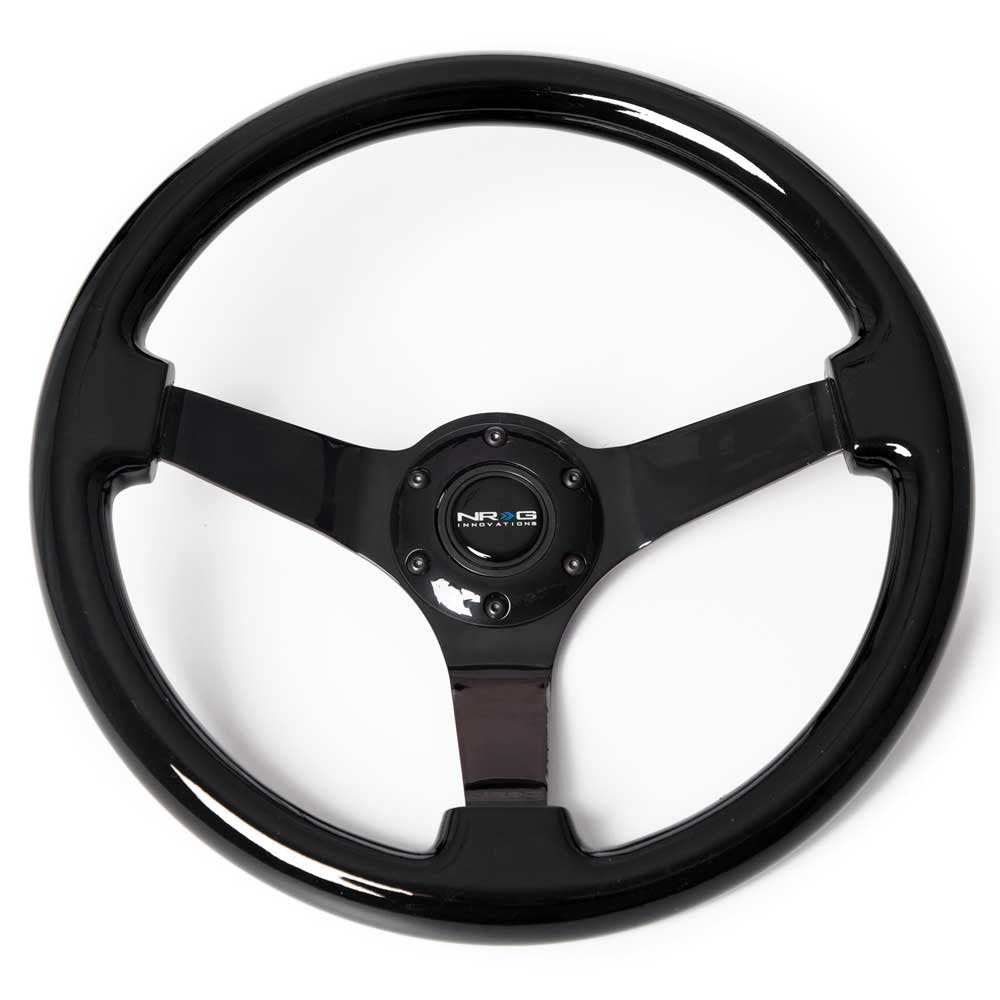 NRG Innovations ST-036BK-BK Classic Black Wood Grain Wheel (3&quot; Deep, 350mm, 3 Solid spoke center in Black Chrome)