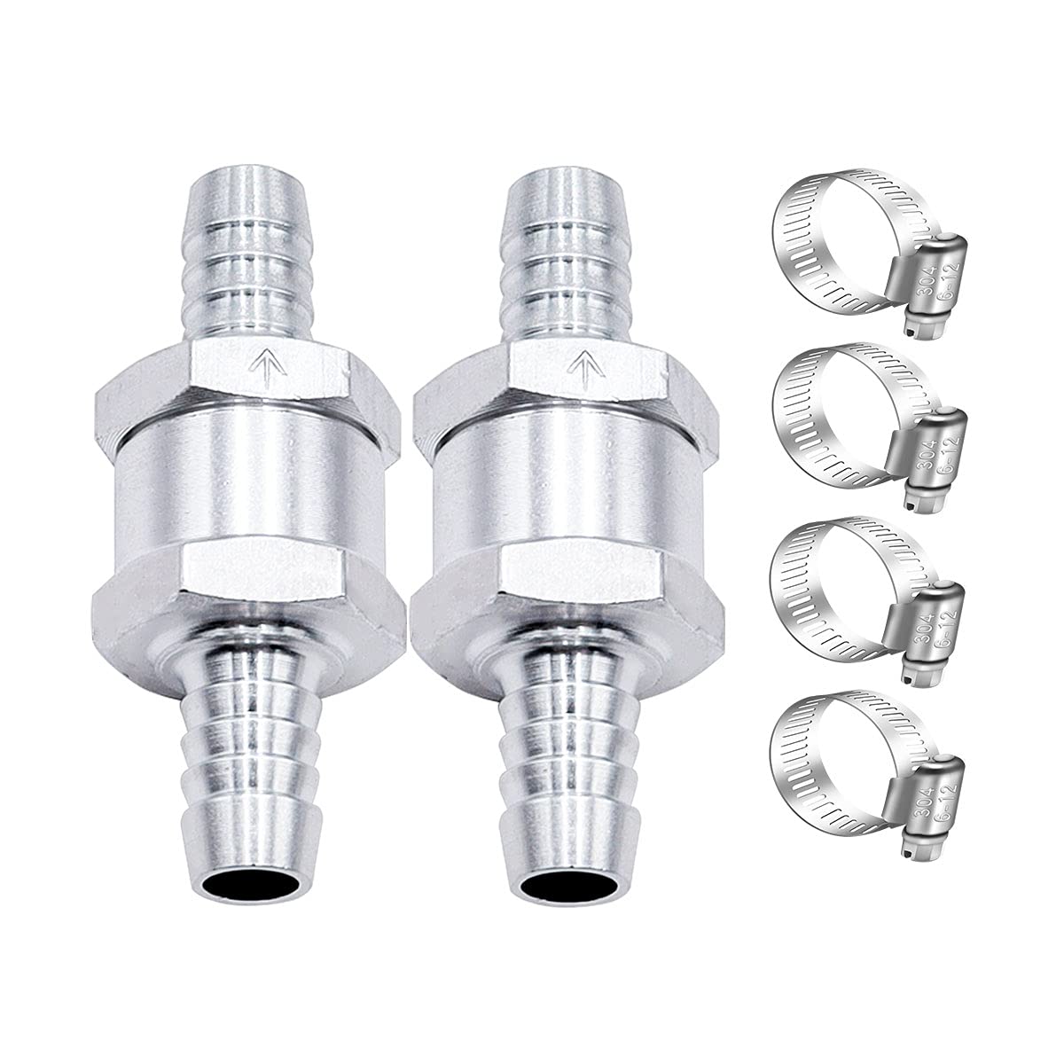 mxuteuk 2Pcs 3/8'' 10mm Aluminium Silver Non Return One Way Check Valve with 4Pcs 6-12mm Universal Adjustable Hose Clamps for Fu