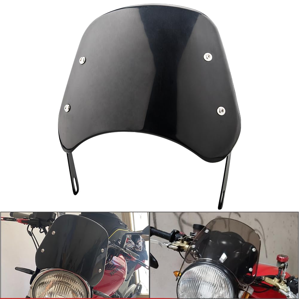 Small Universal Windshield Motorcycle Wind Deflector Windscreen Front Flyscreen With Mount Bracket Fit Motorbike 7' Headlight Compatible With Harley Suzuki Honda Triumph Cruiser Cafe Racer (Black)