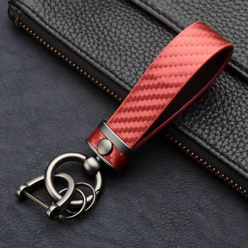 Carbon Fiber Style Car Keychain, Universal Key Chains Microfiber Leather For Men And Women, Rotatable With Anti-Lost D-Ring (Red)