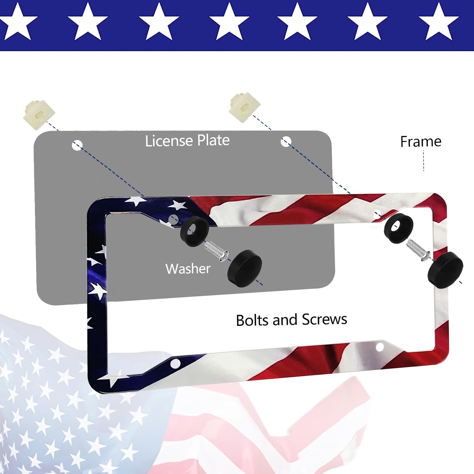 LIN KANG American Flag License Plate Frame Holder - 2 Pack, Aluminum, Matte Stripe, Gloss Patriotic Design, Includes Free Screws and Caps