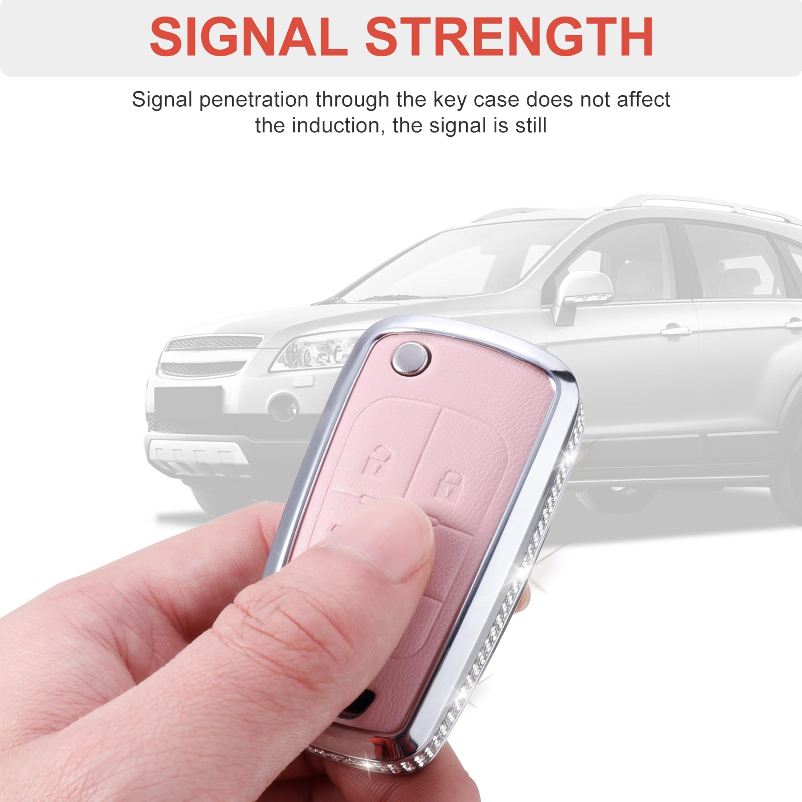 Ruabiban For Chevy Key Fob Cover With Keychain, Pink Leather Crystal Key Case Protection Shell Compatible With Chevrolet Equinox