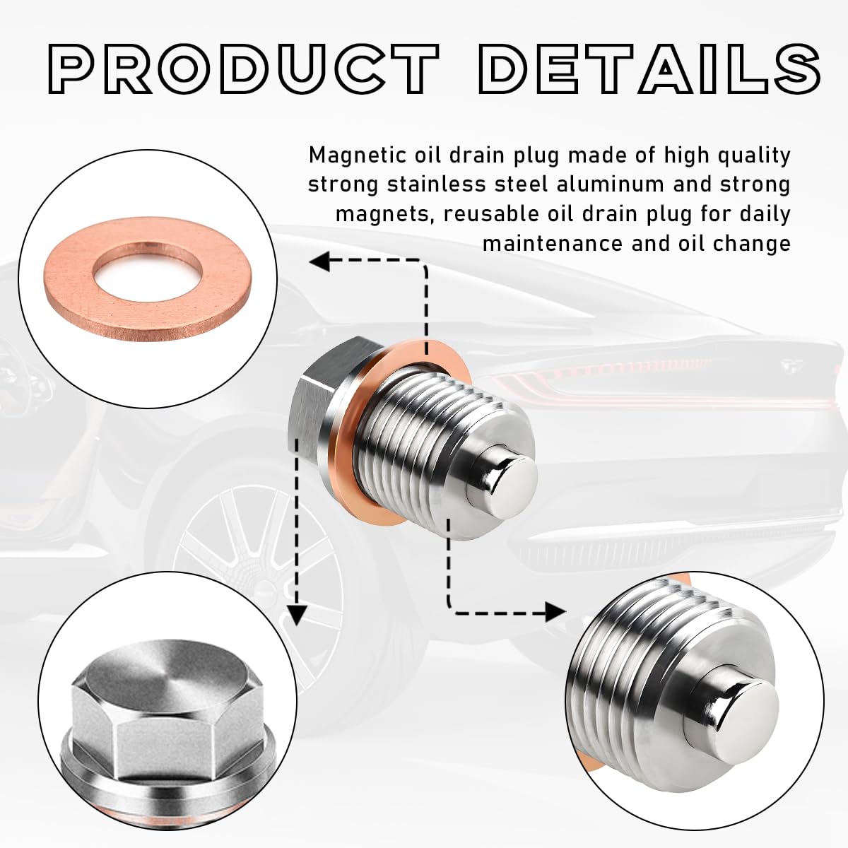 Dickno M18  1.5 Magnetic Oil Drain Plug, Aluminum Stainless Steel Sump Drain Nut Bolt with 5 Copper Crush Washer, Universal Leak