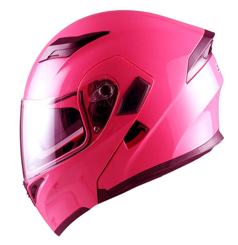 1Storm Motorcycle Modular Full Face Flip Up Dual Visor Helmet + Spoiler Bundle With Freedconn Motorcycle Pinktooth Headset: Hb89 Glossy Pink
