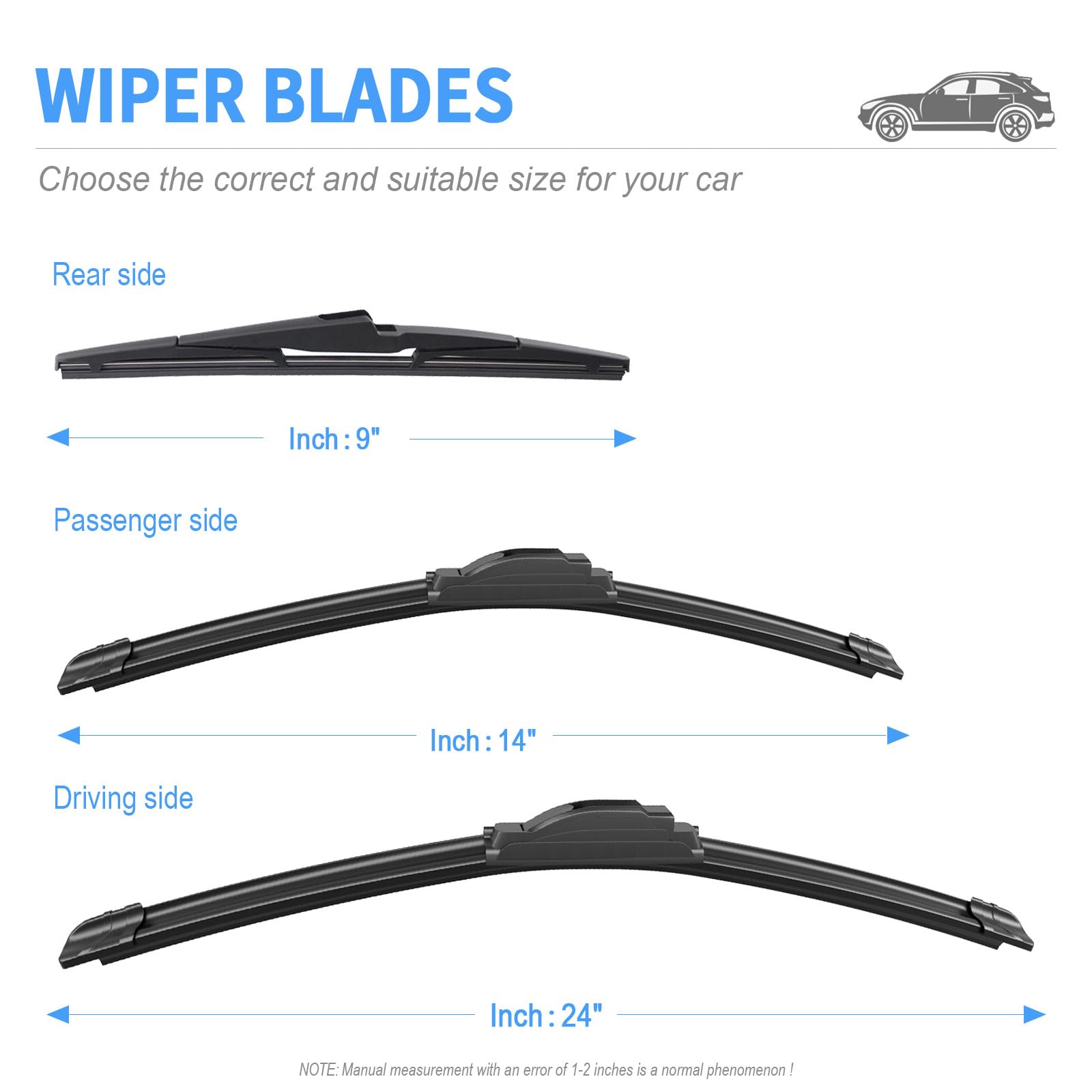 Gavimnal 24''+14''+9'' Silicone Wiper Blades Replacement For Chevrolet Spark 2016-2022,All-Season Front Rear Windshield Wiper Bl
