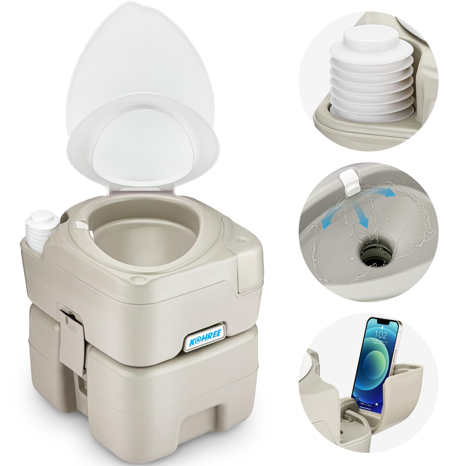 Kohree Portable Toilet for Camping 5.3 Gal: 20L Cassette Toilet Porta Potty for Adults with Diagonal Elongated Bowl Seat - Leakp
