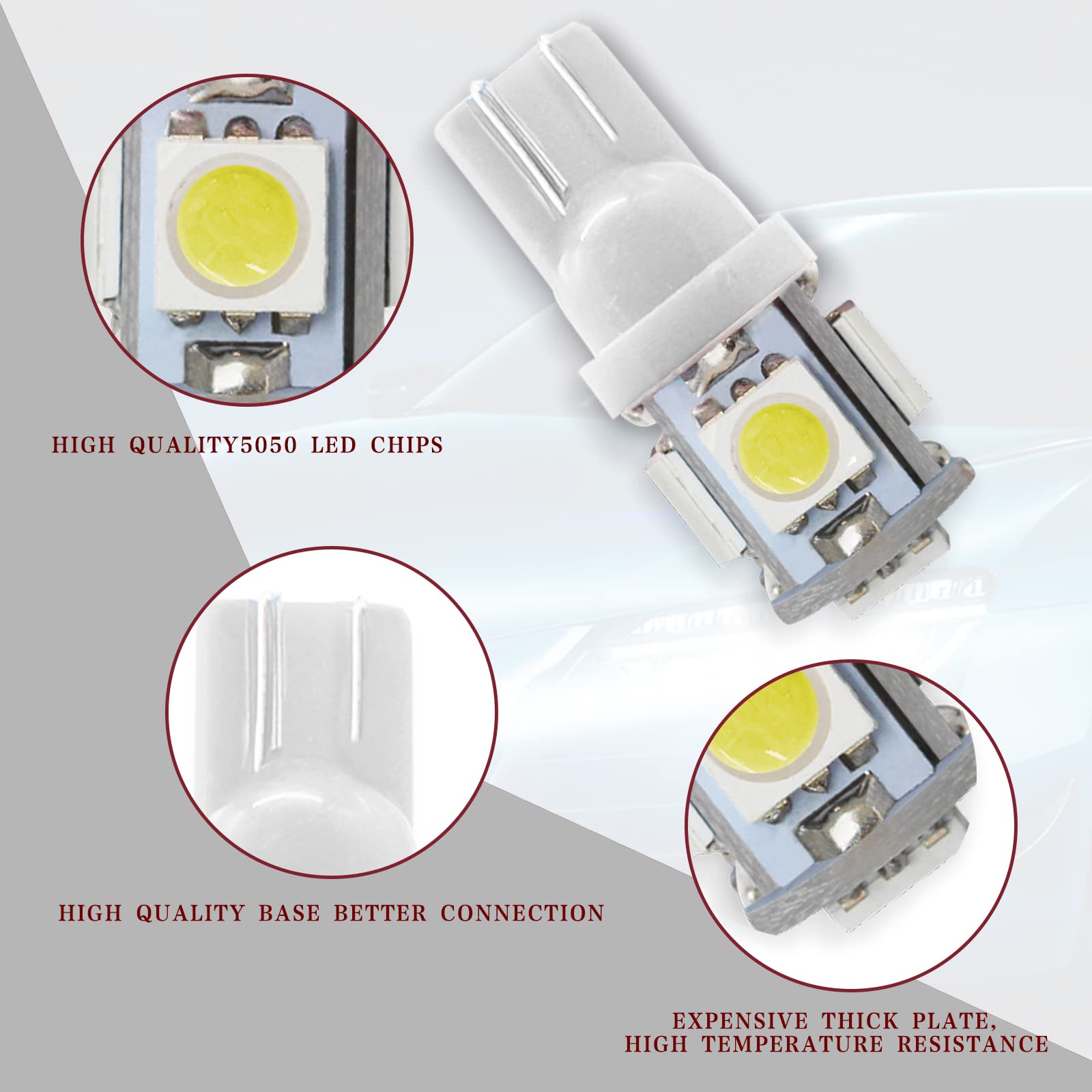 Rboko 10Pcs 194 Led Light Bulb 6000K Wedge T10 Led Bulb 5Smd 5050 Chips, 168 T10 2825 5Smd Dc 12V Replacement Bulbs For Car Dome