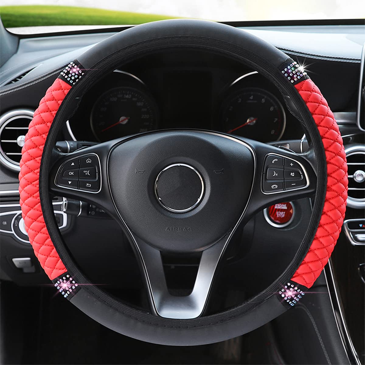 Bling Leather Steering Wheel Cover, Colorful Rhinestones Elastic Steering Wheel Protector, Pu Soft Leather With Crystal Diamond, Sparkling Car Accessories For Most Cars (Red)