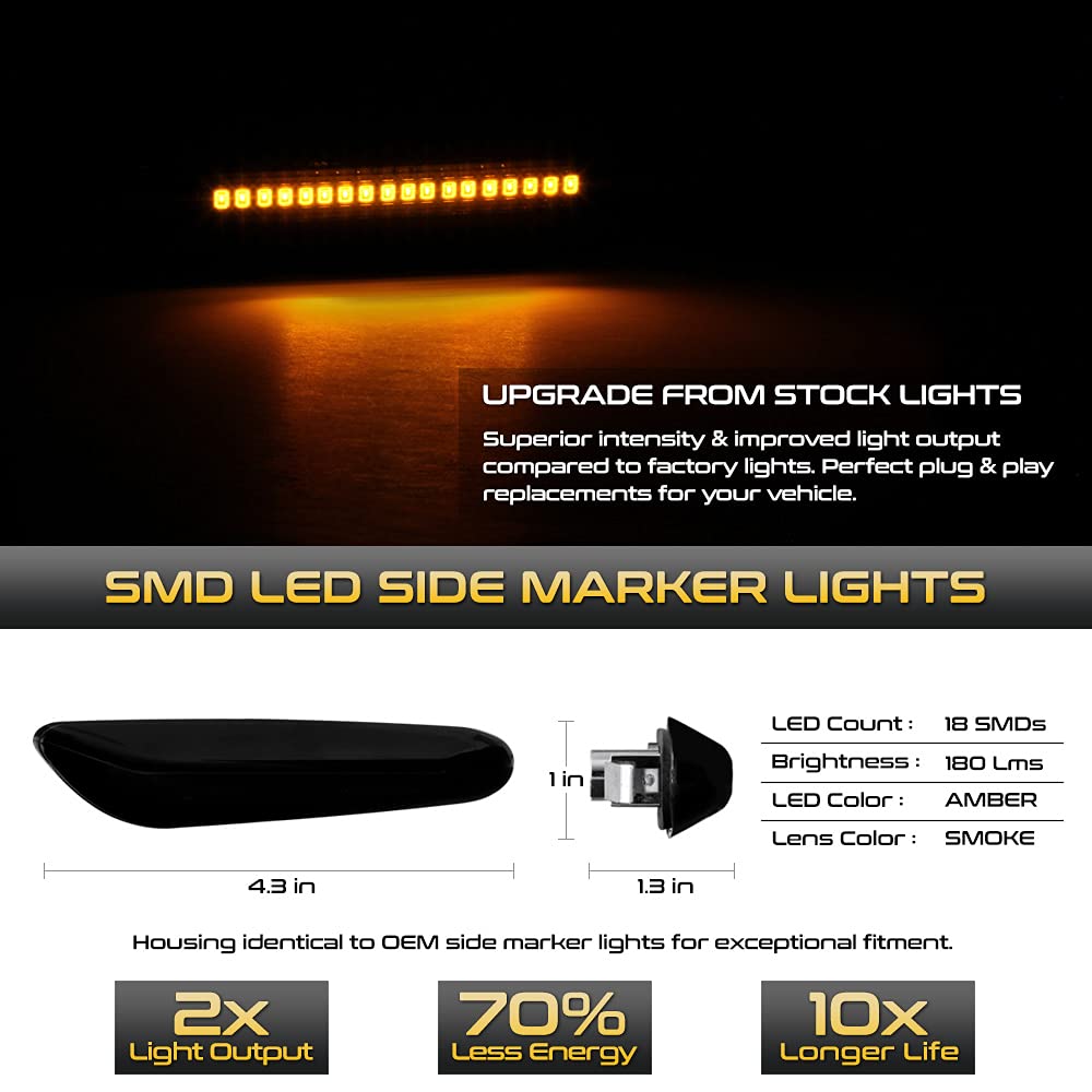 Vipmotoz Dark Smoked Lens Full Led Front Fender Side Marker Light Turn Signal Lamp Assembly Replacement For Bmw E82 E88 E90 E91 E92 E93 E60 E61 E83, Driver & Passenger Side