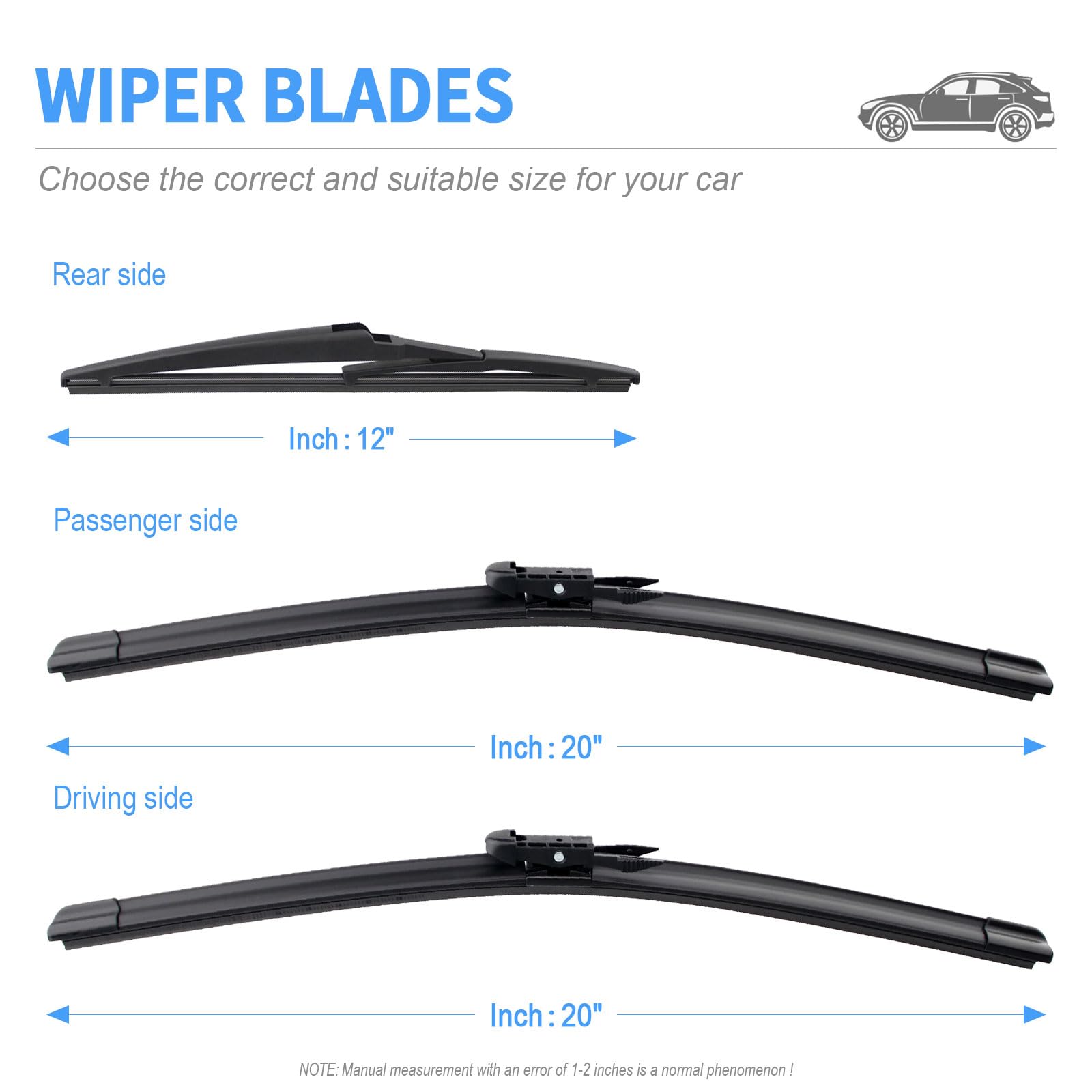 Gavimnal 20''+20''+12'' Silicone Wiper Blades Replacement For Ford Escape 2008-2012,All-Season Front Rear Windshield Wiper Blade