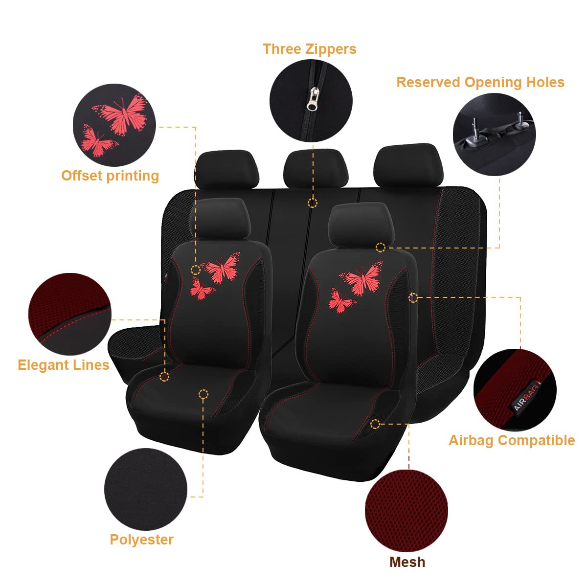 Flying Banner Butterfly Car Seat Covers Ful Set Fashion Universal Lady Woman Female Rear Bench Split Colorized (Full Set, Red Bl