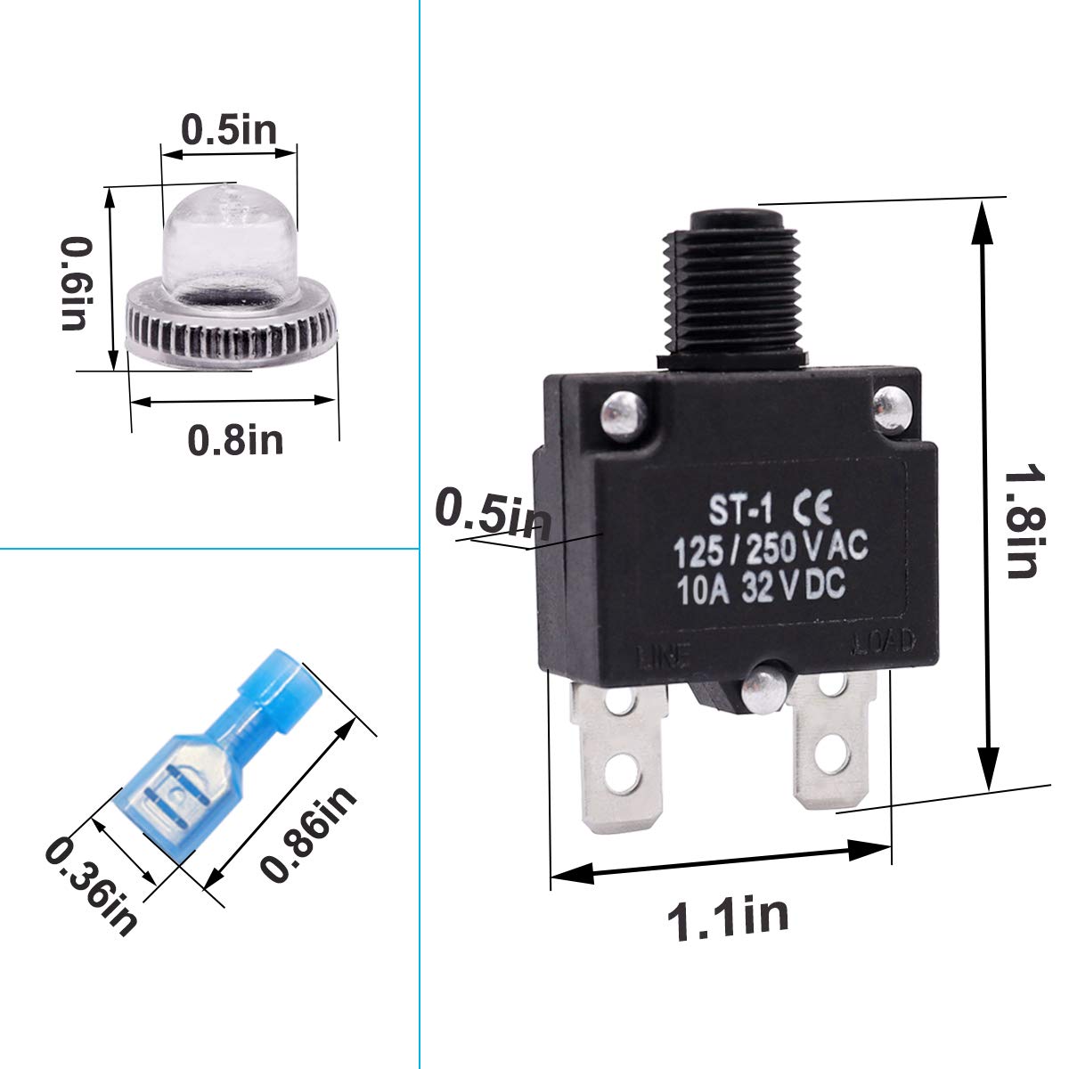 mxuteuk 5Pcs 10Amp Circuit Breakers Push Button Manual Reset 125/250V AC 32V DC,Overload Protector Switch Thermal Circuit Breake