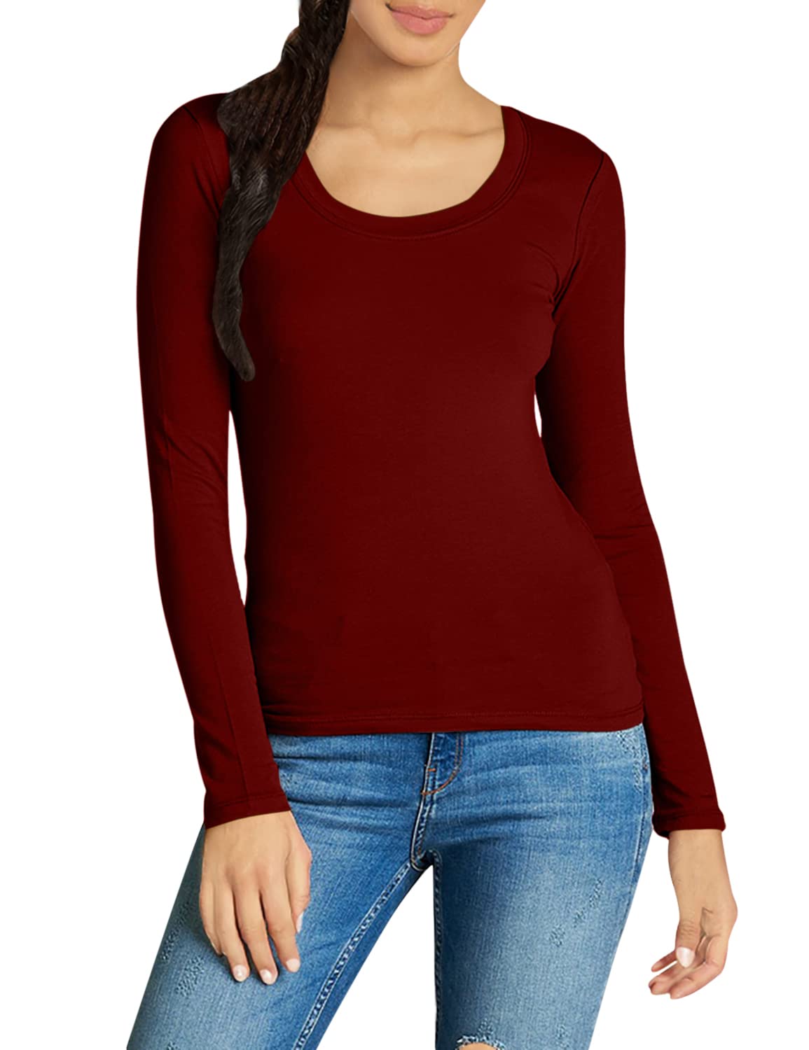 Emmalise Womens Junior And Plus Size Basic Scoop Neck Tshirt Long Sleeve Tee, Medium, 3Pk Burgundy, Burgundy, Burgundy