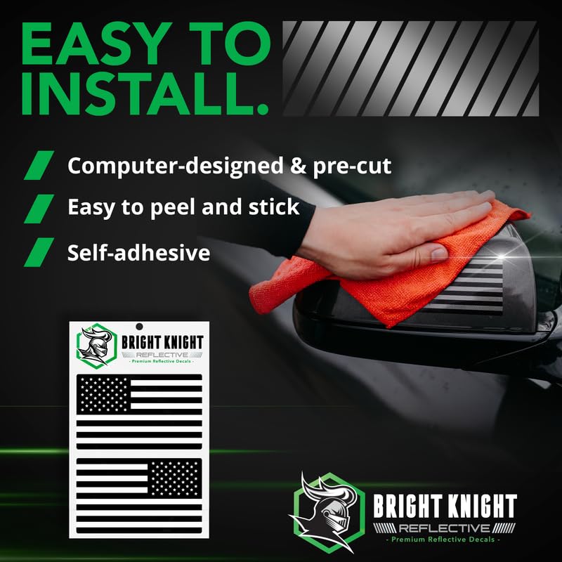 Bright Knight Reflective Flag Sticker, 3'' X 5.75'' Black American Flag Sticker Mirrored 3 Pack With Retro-Reflective Vinyl, Mad